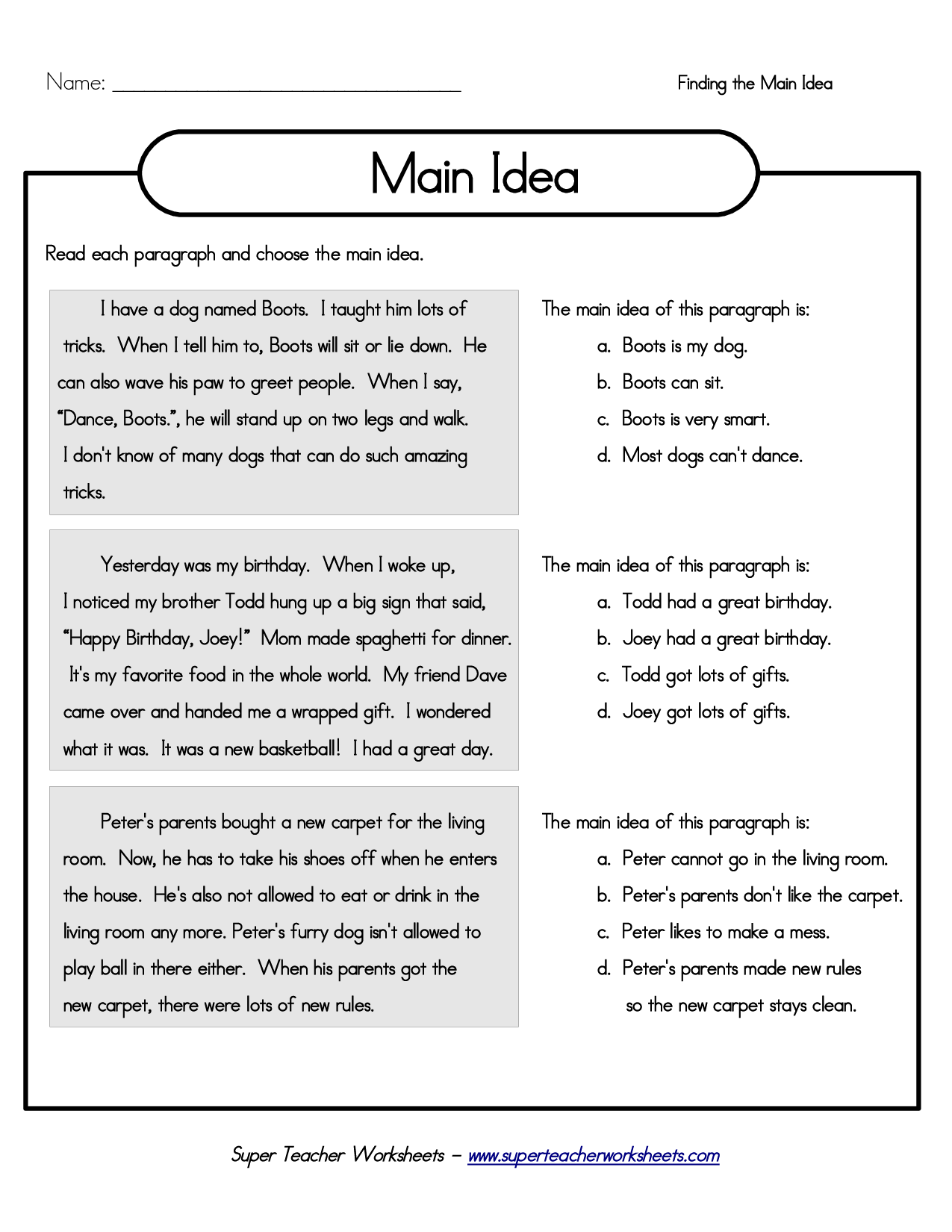 Main Idea Detail Worksheet