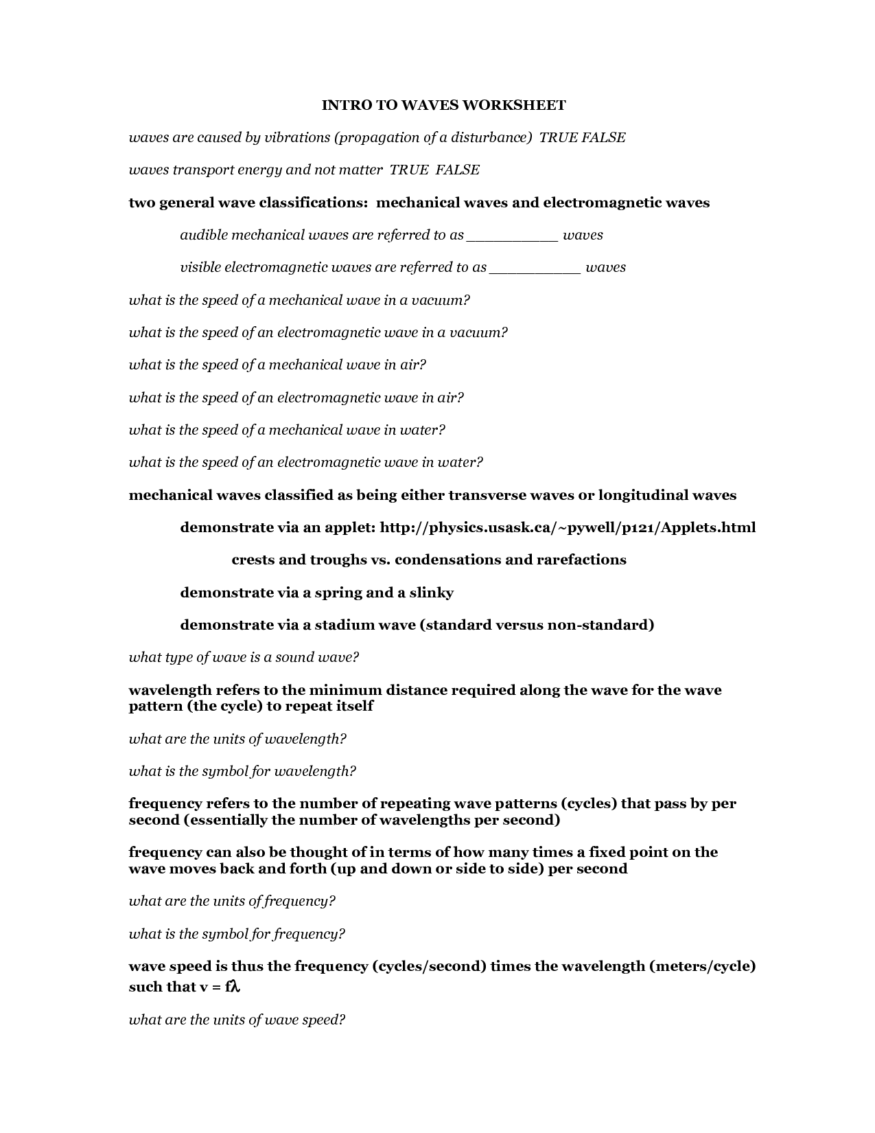 Properties Of Sound Waves Worksheet Answers