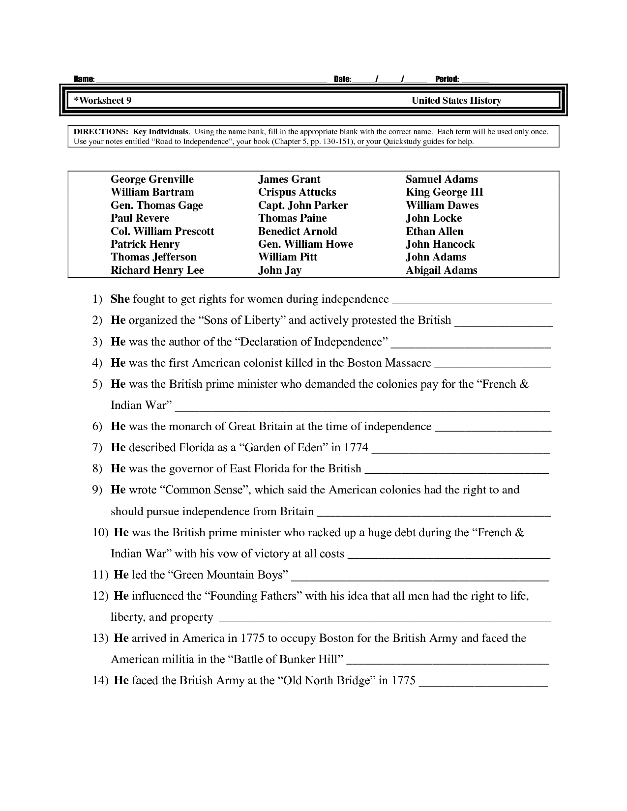 Free Printable History Worksheets