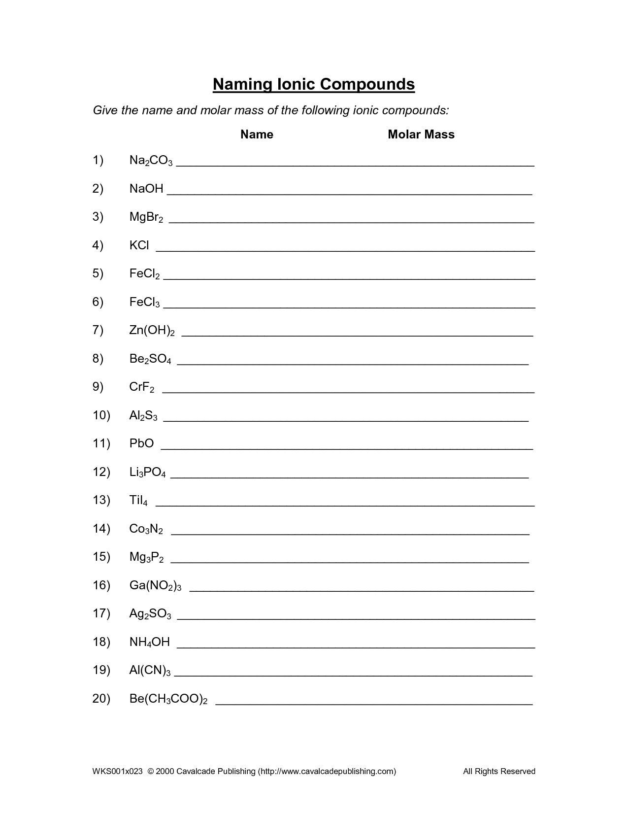 Writing Formulas Binary Ionic Compounds Worksheet Dogreen