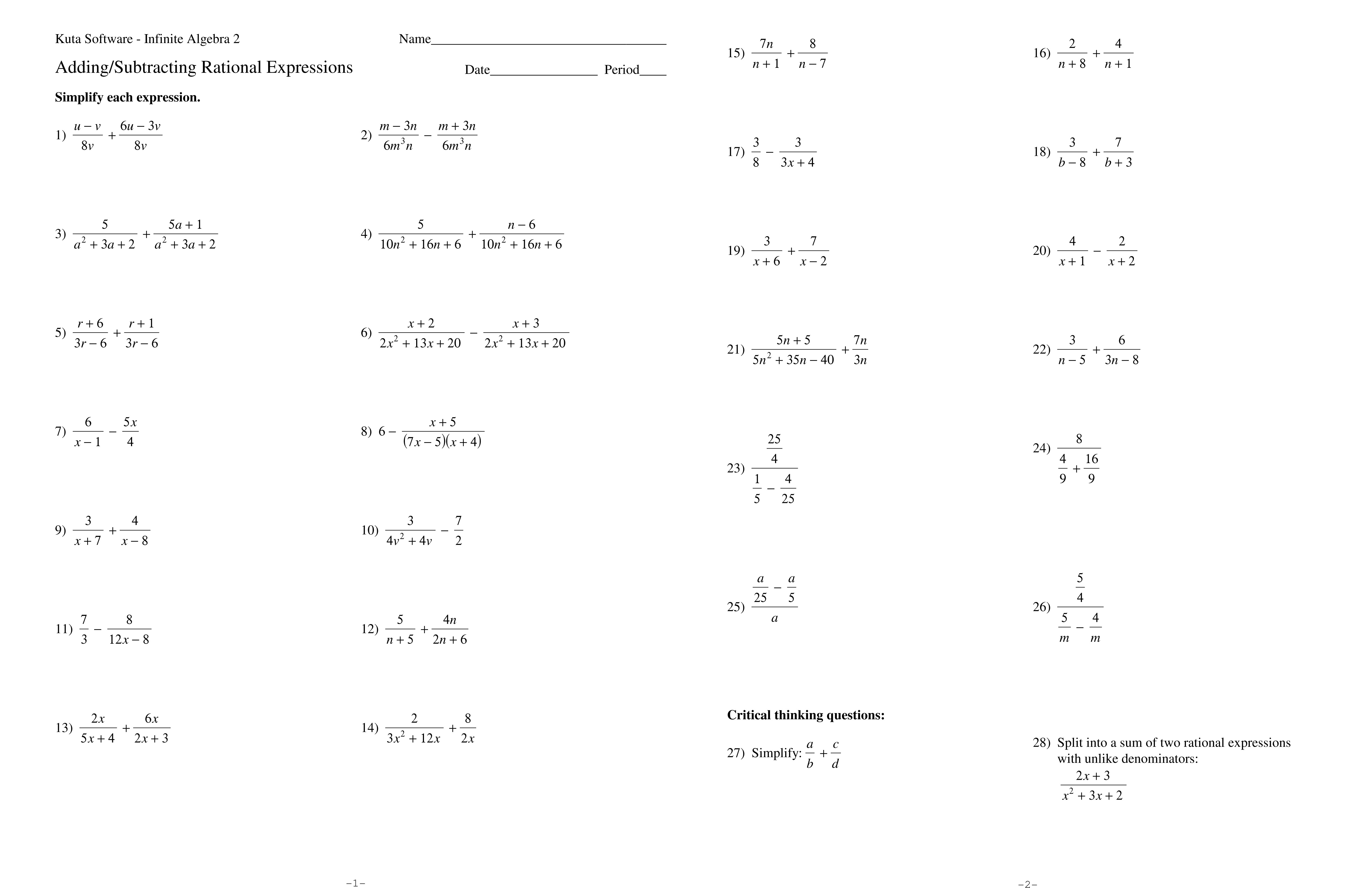 Complex Numbers Worksheet Algebra 2