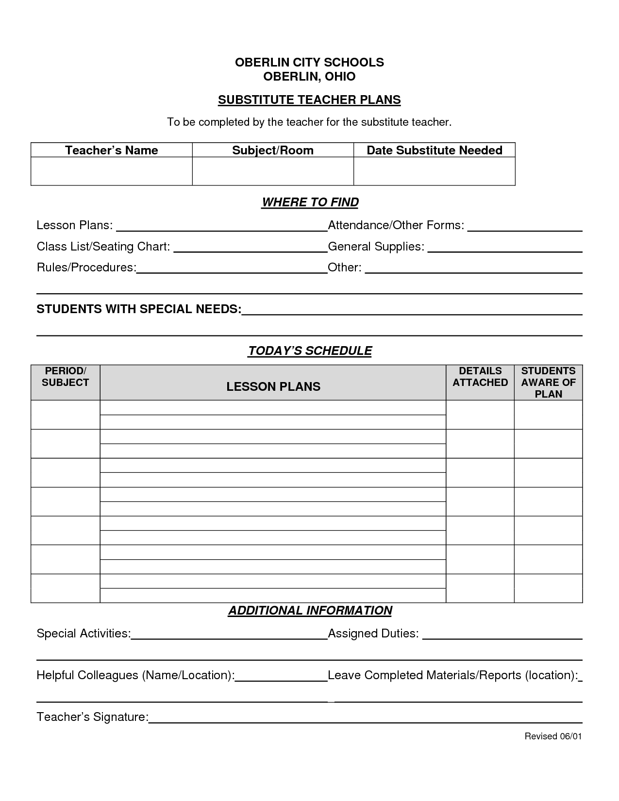 Substitute Teacher Lesson Plans Blank Forms Free Printable Printable Forms Free Online