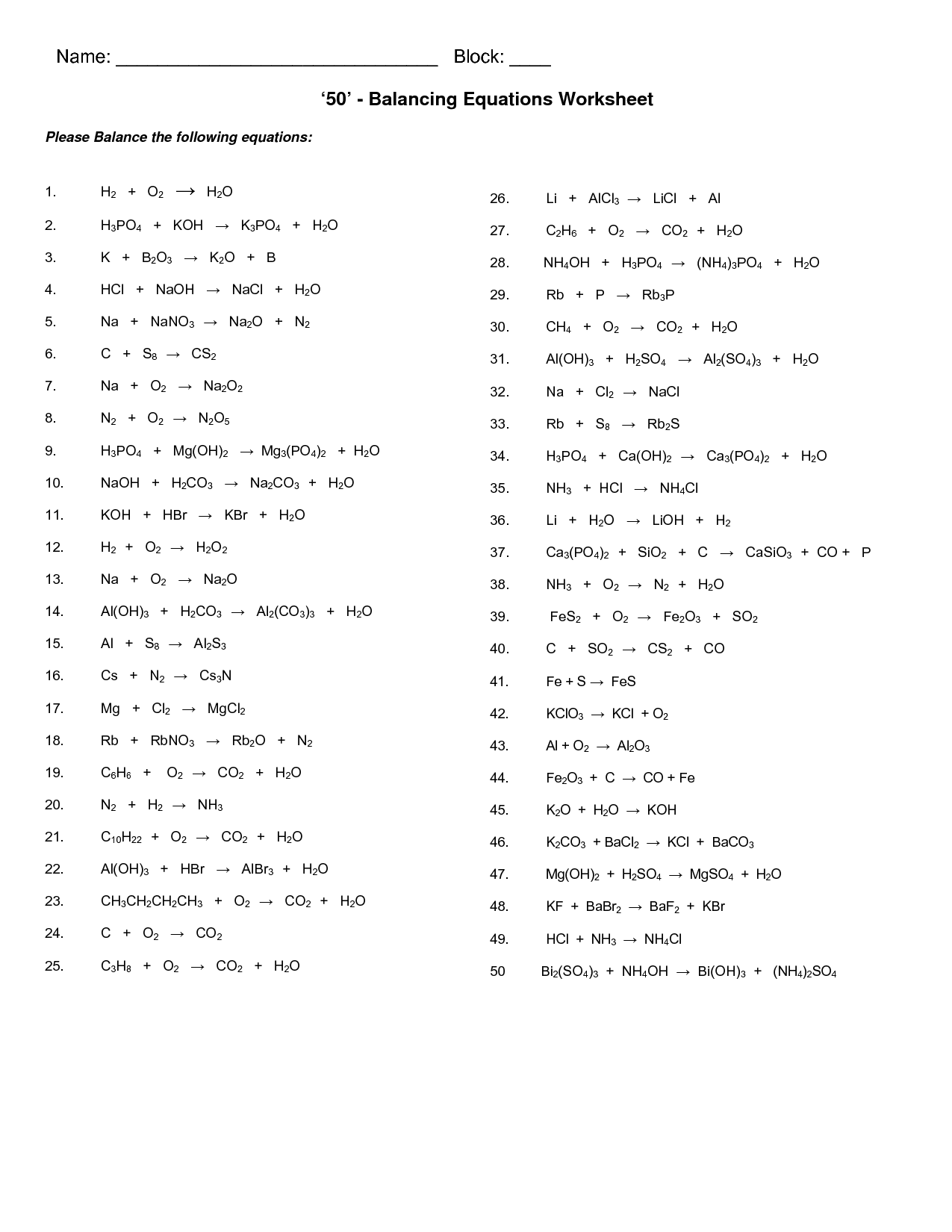 11 Best Images Of Balancing Chemical Equations Worksheet Answer Key Free Addition And 