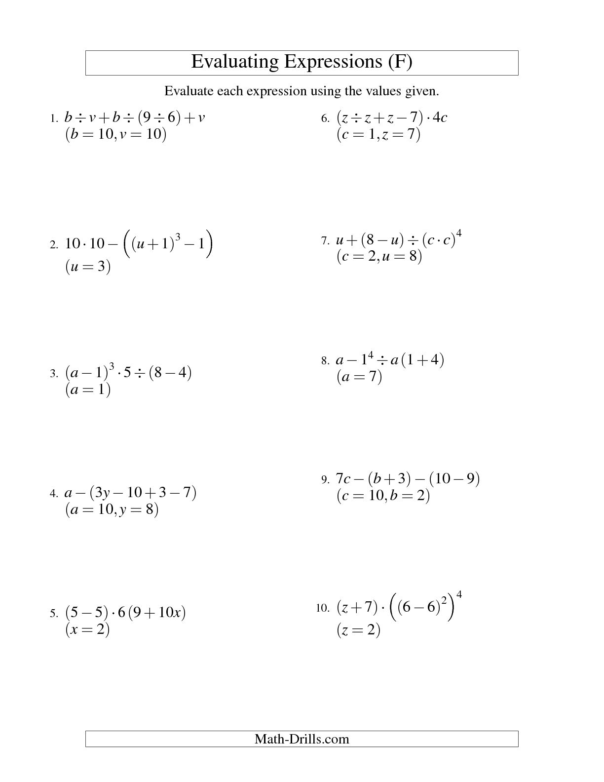17 Best Images Of Math Variables And Expressions Worksheets Evaluating Algebraic Expressions