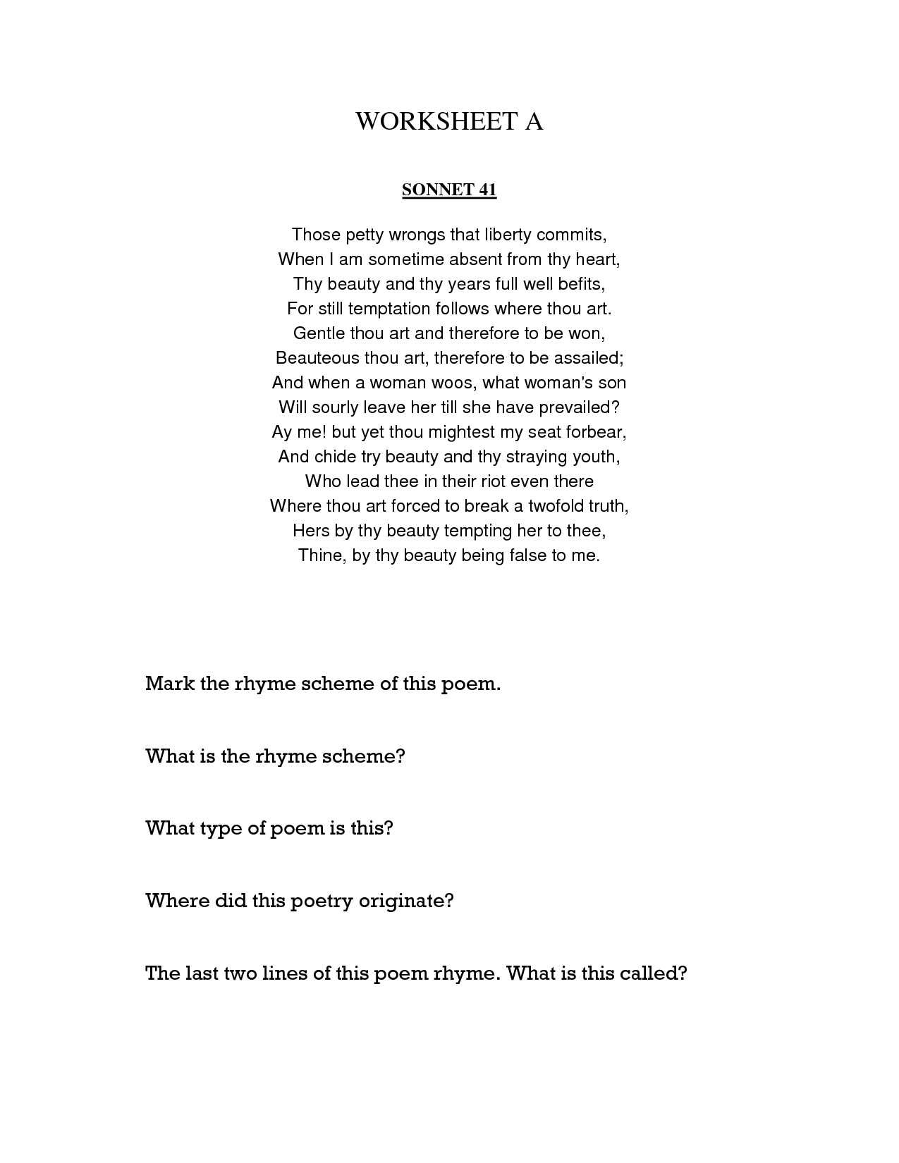 15 Best Images of Sample Sonnets Worksheet - Rhyme Scheme Worksheet