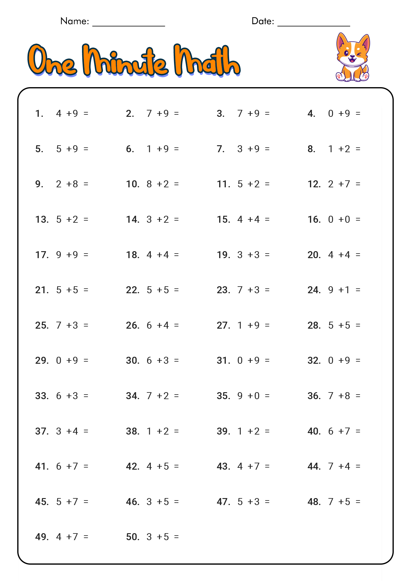 1 Minute Maths Practice Worksheets For Grade 1 Creativeworksheetshub 