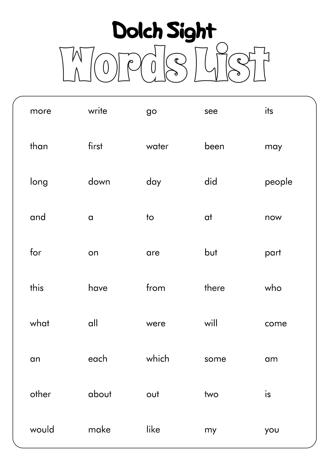 High Frequency Sight Words For Kindergarten