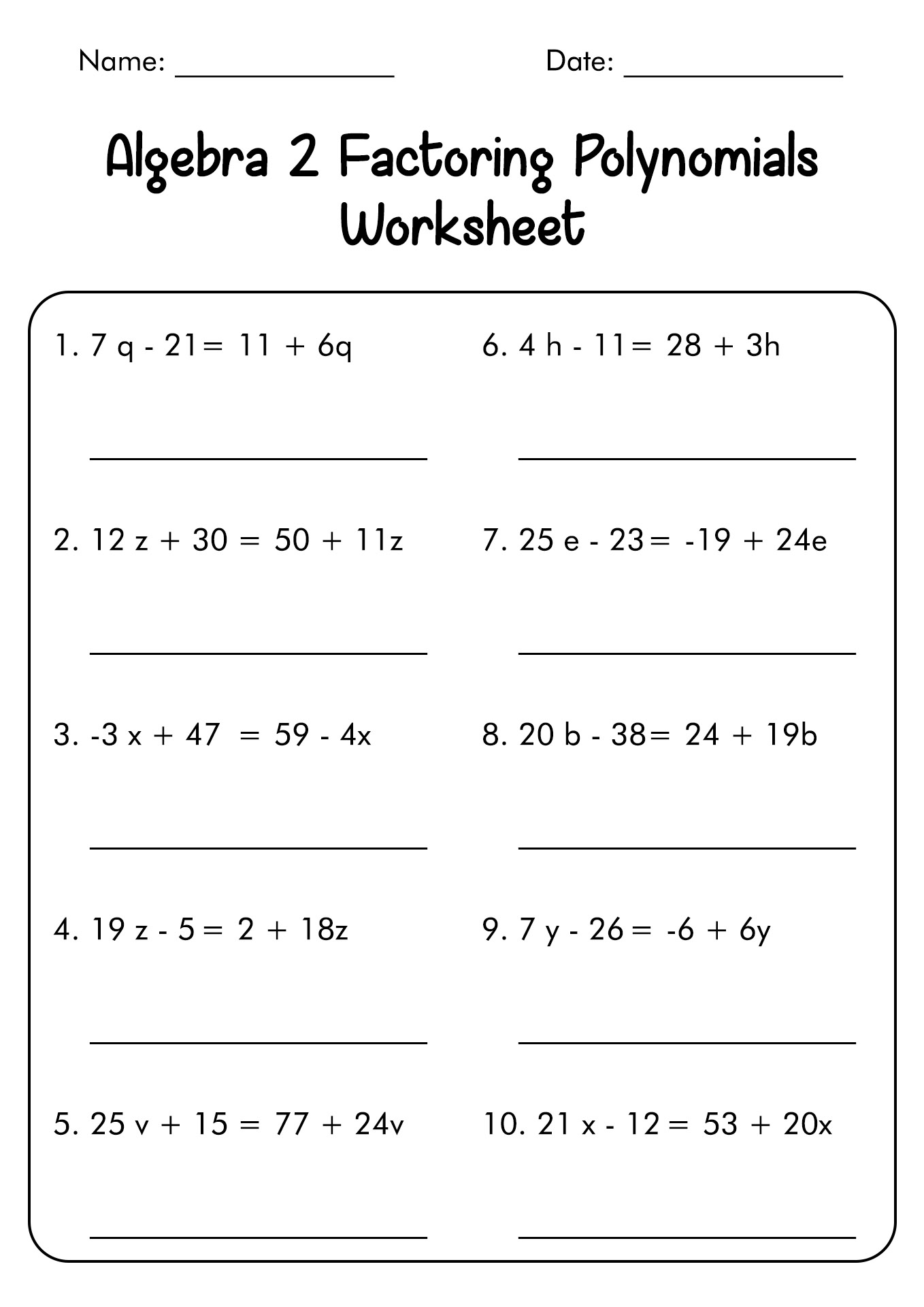 10 Best Images Of Factoring Polynomials Practice Worksheet And Answers 