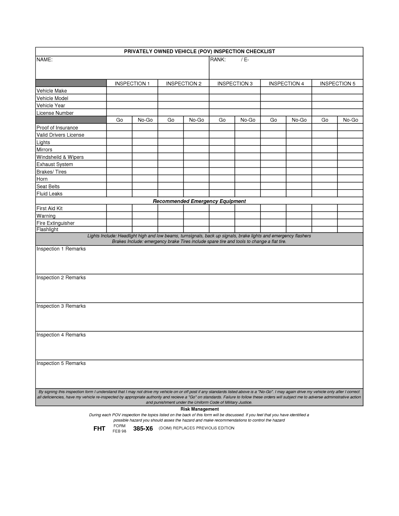 7 Best Images Of Army Risk Assessment Worksheet Army POV Inspection 