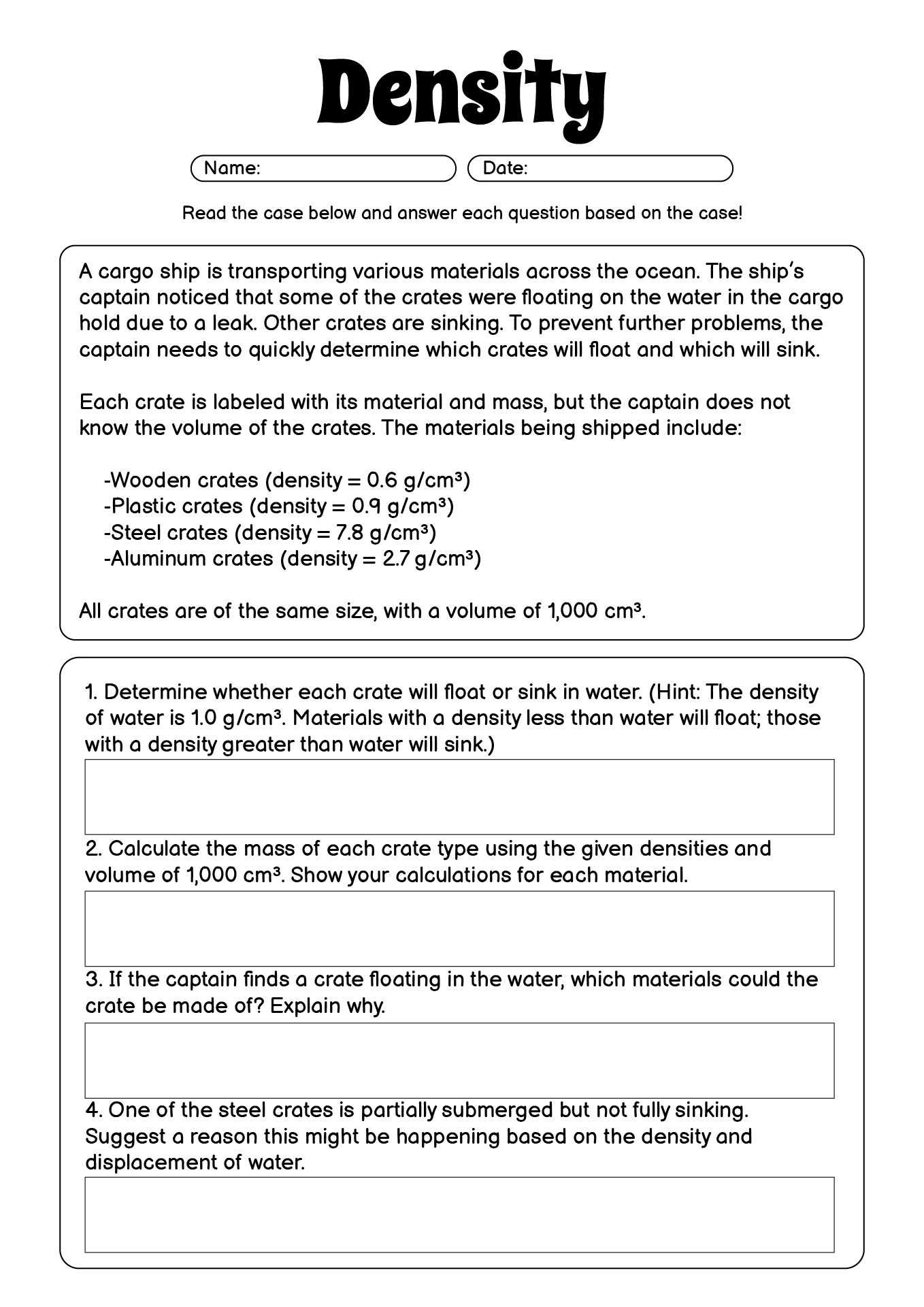 Density Calculations Worksheet Answers