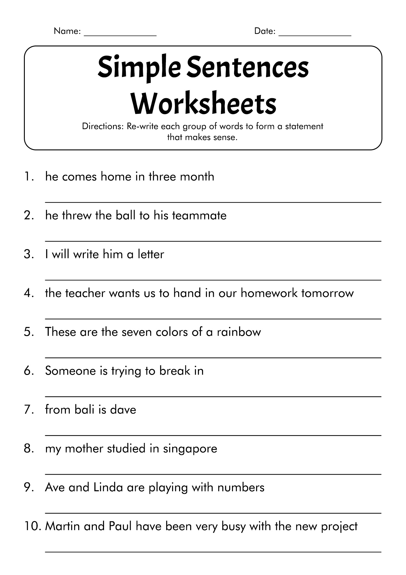 Writing Simple Sentences Worksheets