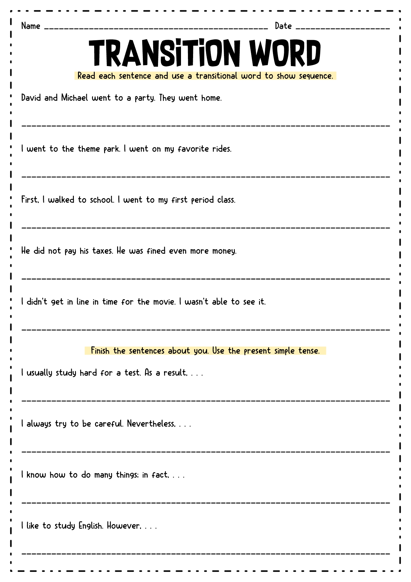 Transitional Phrases Worksheets