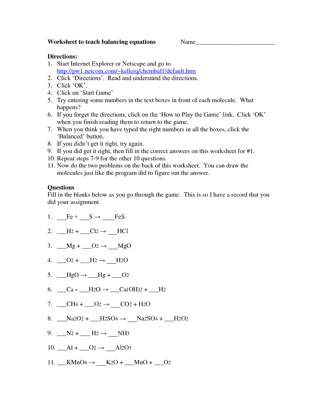 Balancing Equations Worksheet Answers Chemistry