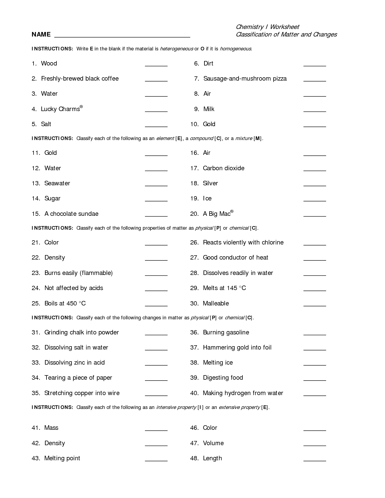 8 Best Images Of Classification Worksheet Answers Classifying Matter Worksheet Answers States