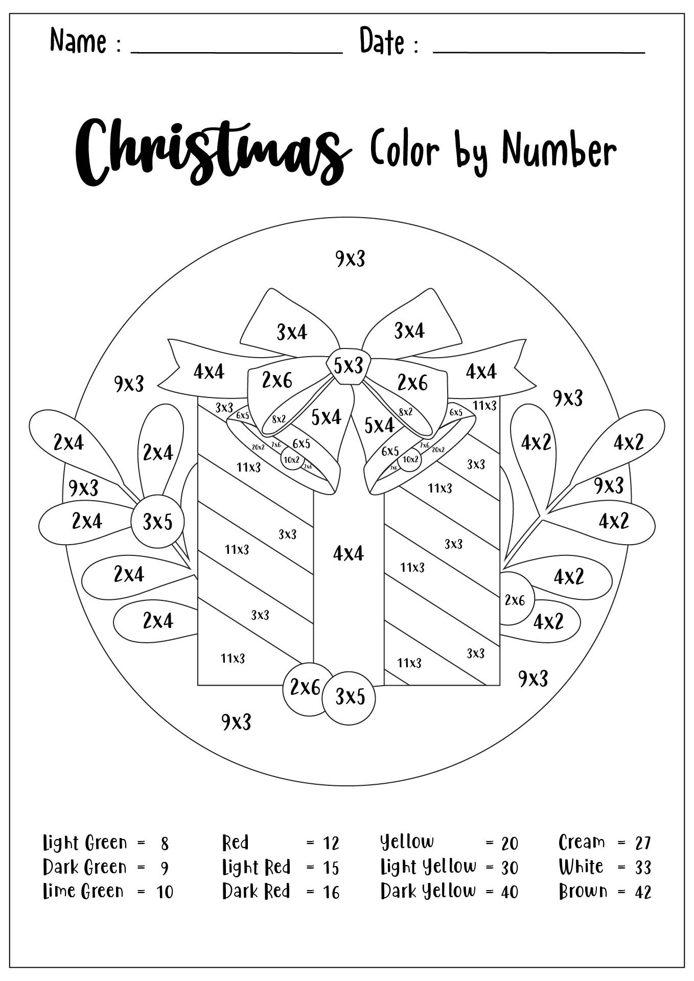 Free Christmas Multiplication Coloring Pages