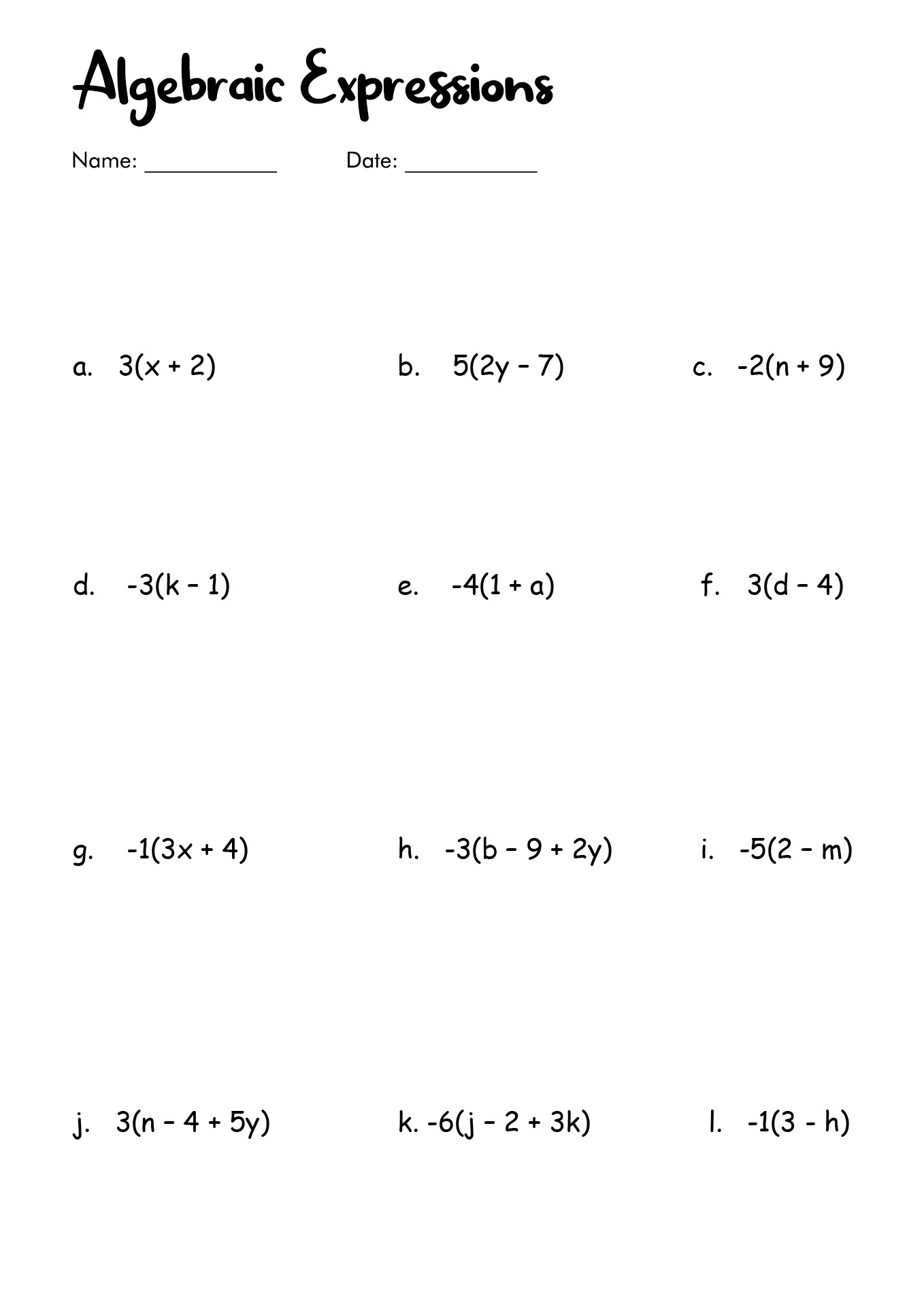 Basic Algebraic Expressions Worksheet
