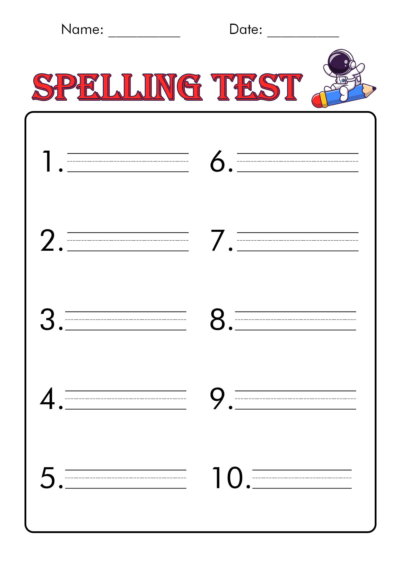 Spelling Test Worksheet Printable