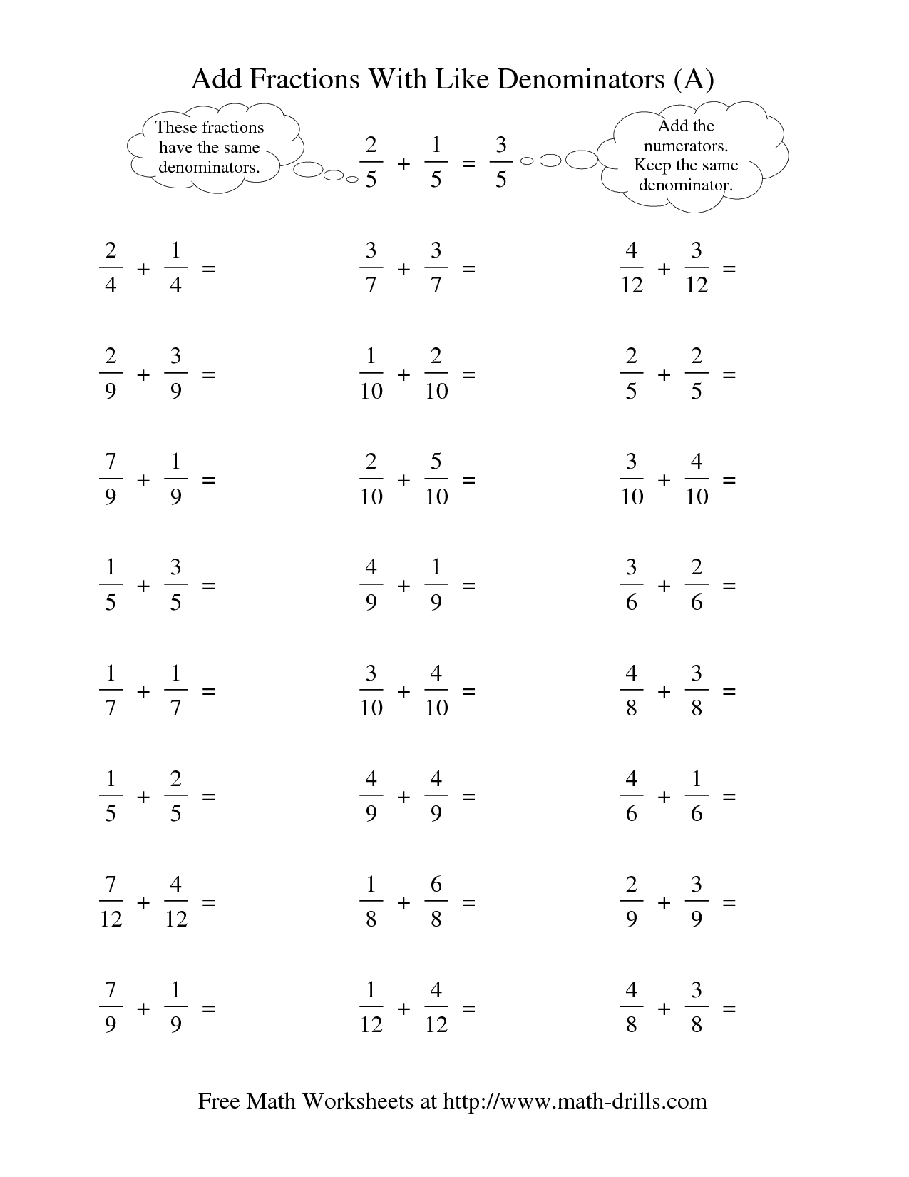 Adding Subtracting Multiplying Dividing Fractions Printable Worksheet