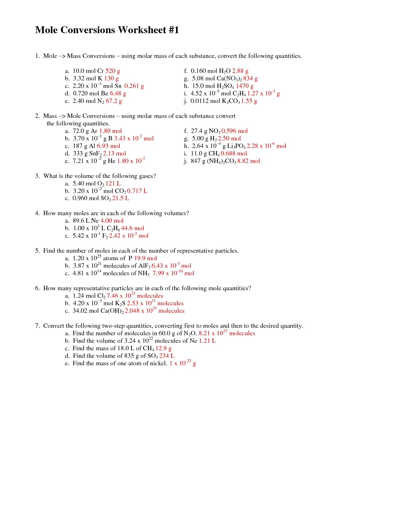 13 Best Images Of Mole Conversion Worksheet Answer Key Mole Ratio 