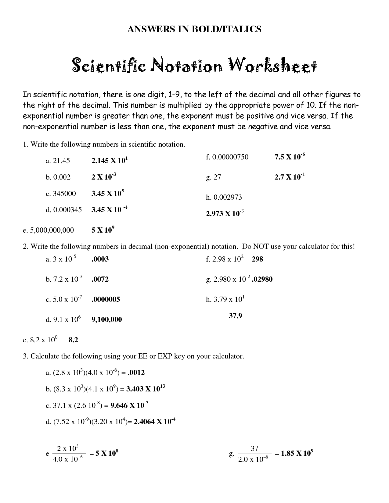 8 Best Images Of Scientific Notation Worksheet With Answer Key 