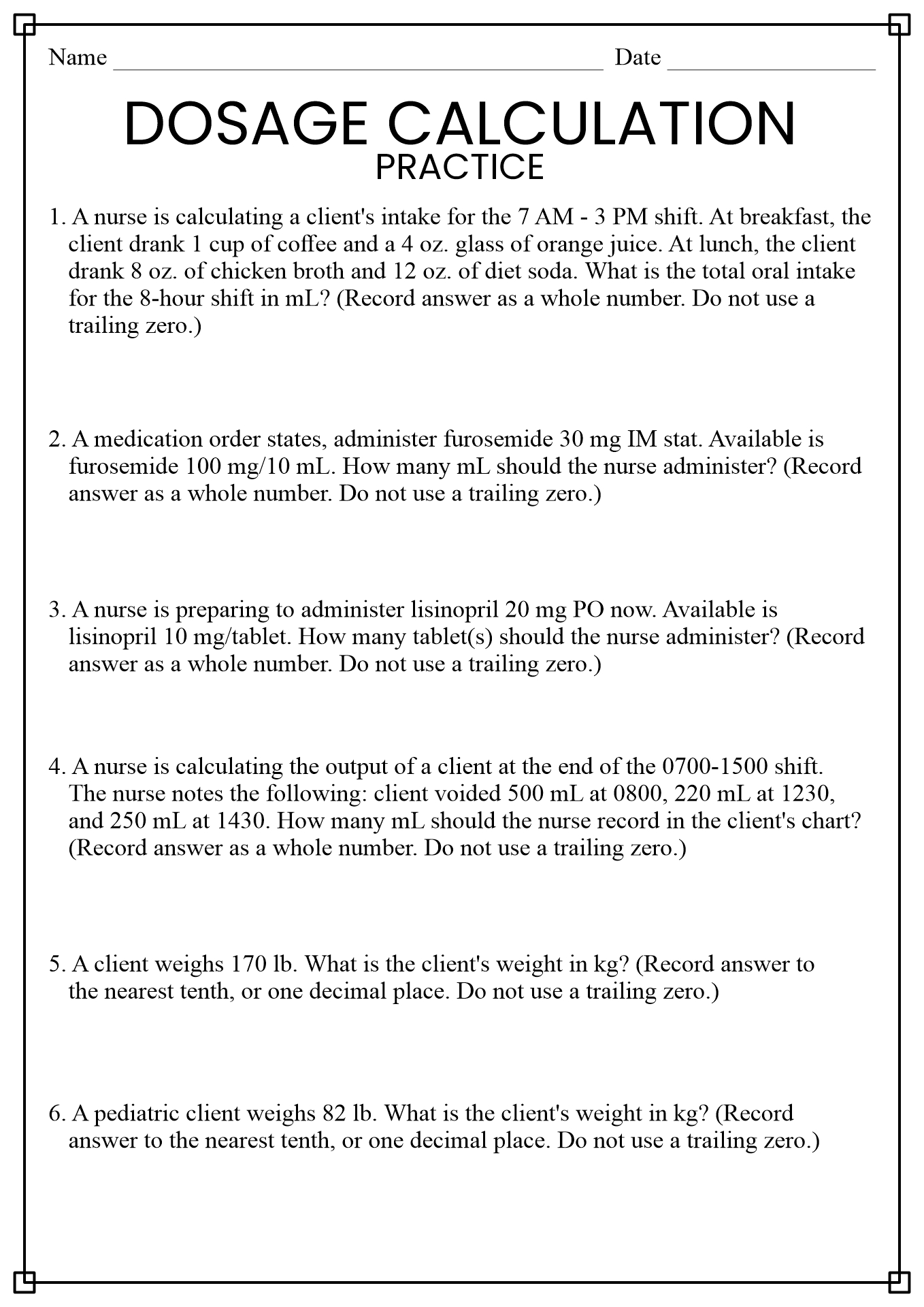 Printable Nurse Nursing Dosage Calculation Practice Worksheets