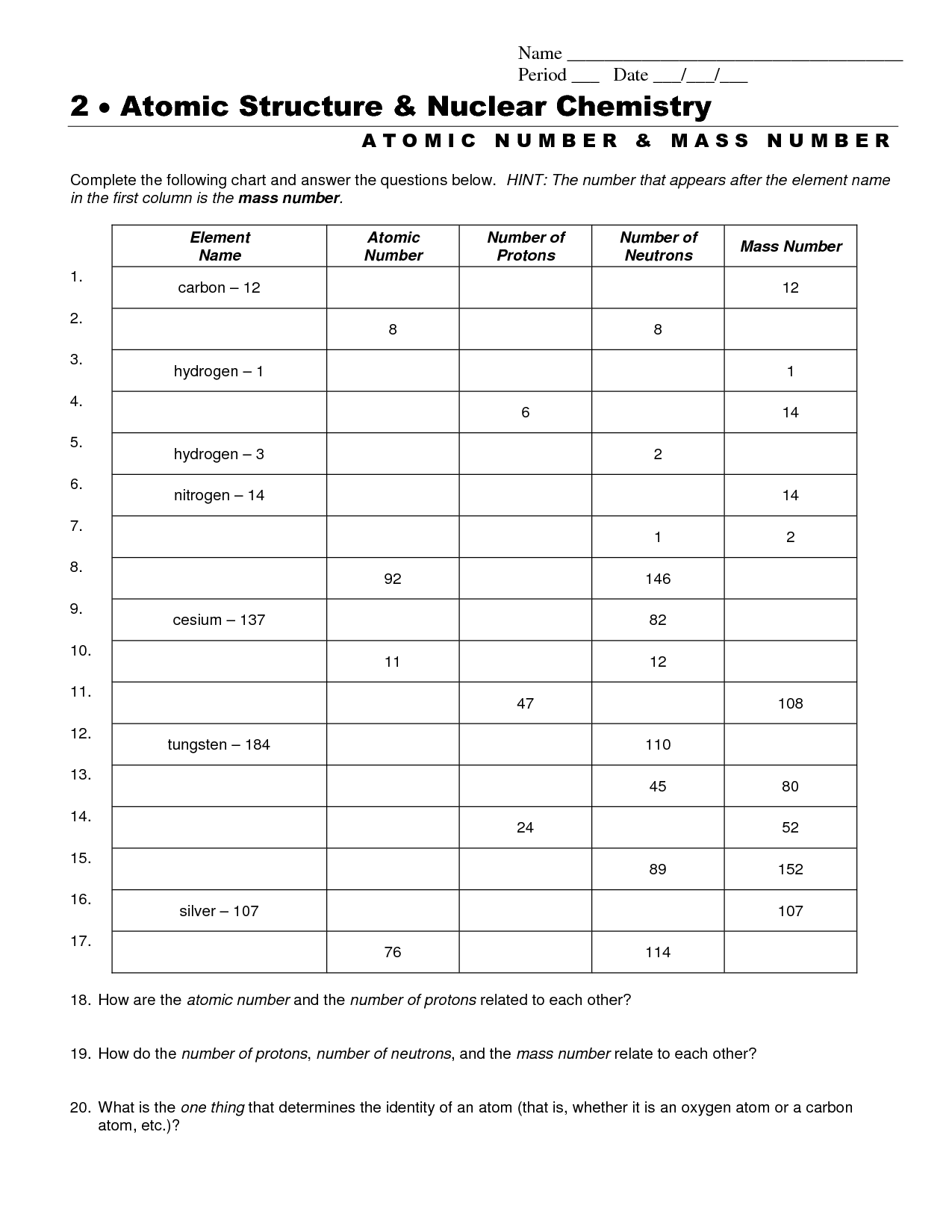 Chemistry Worksheet Atomic Structure And Isotopes Answer Key Villardigital Library For Education