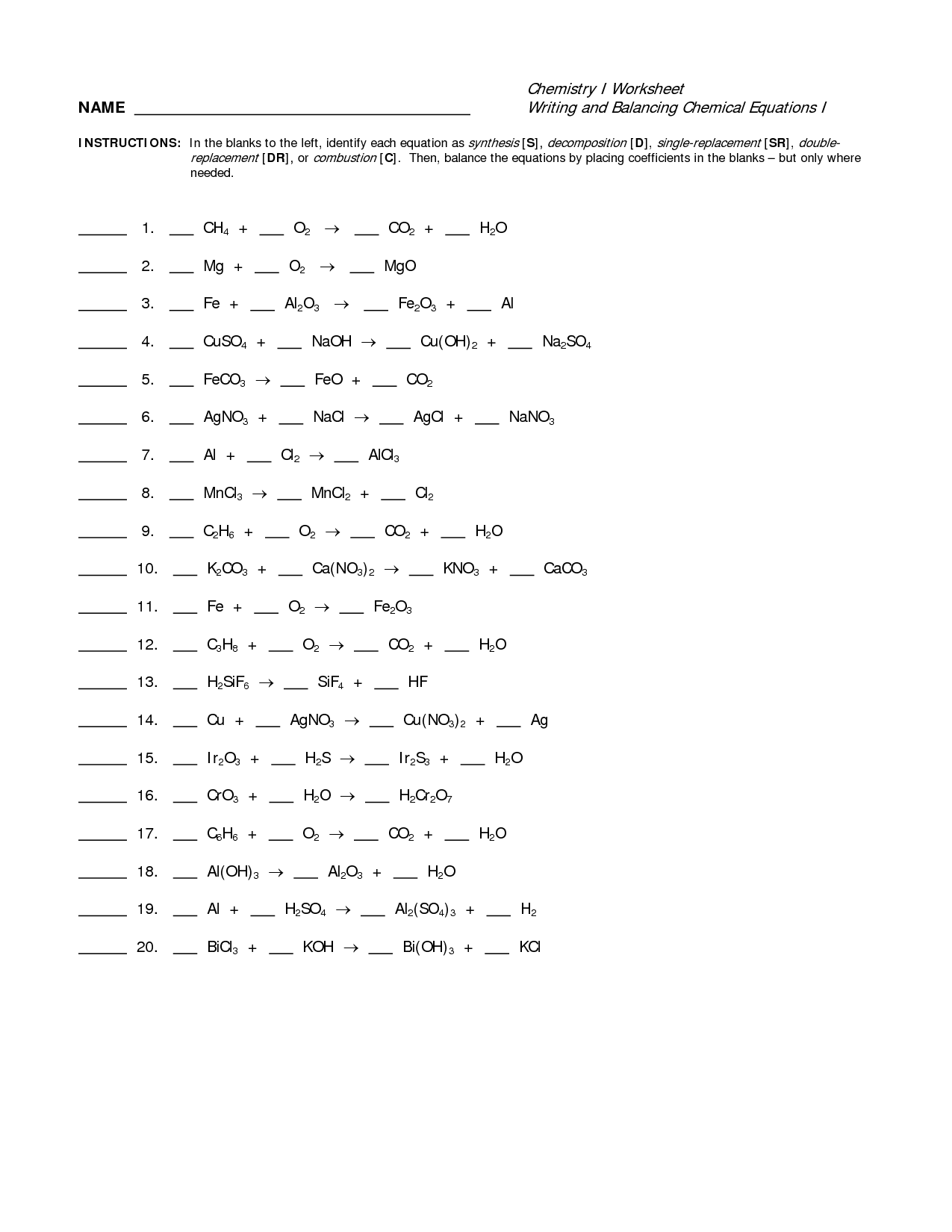 13 Best Images Of Balancing Equations Worksheet Answer Key Balancing Chemical Equations 