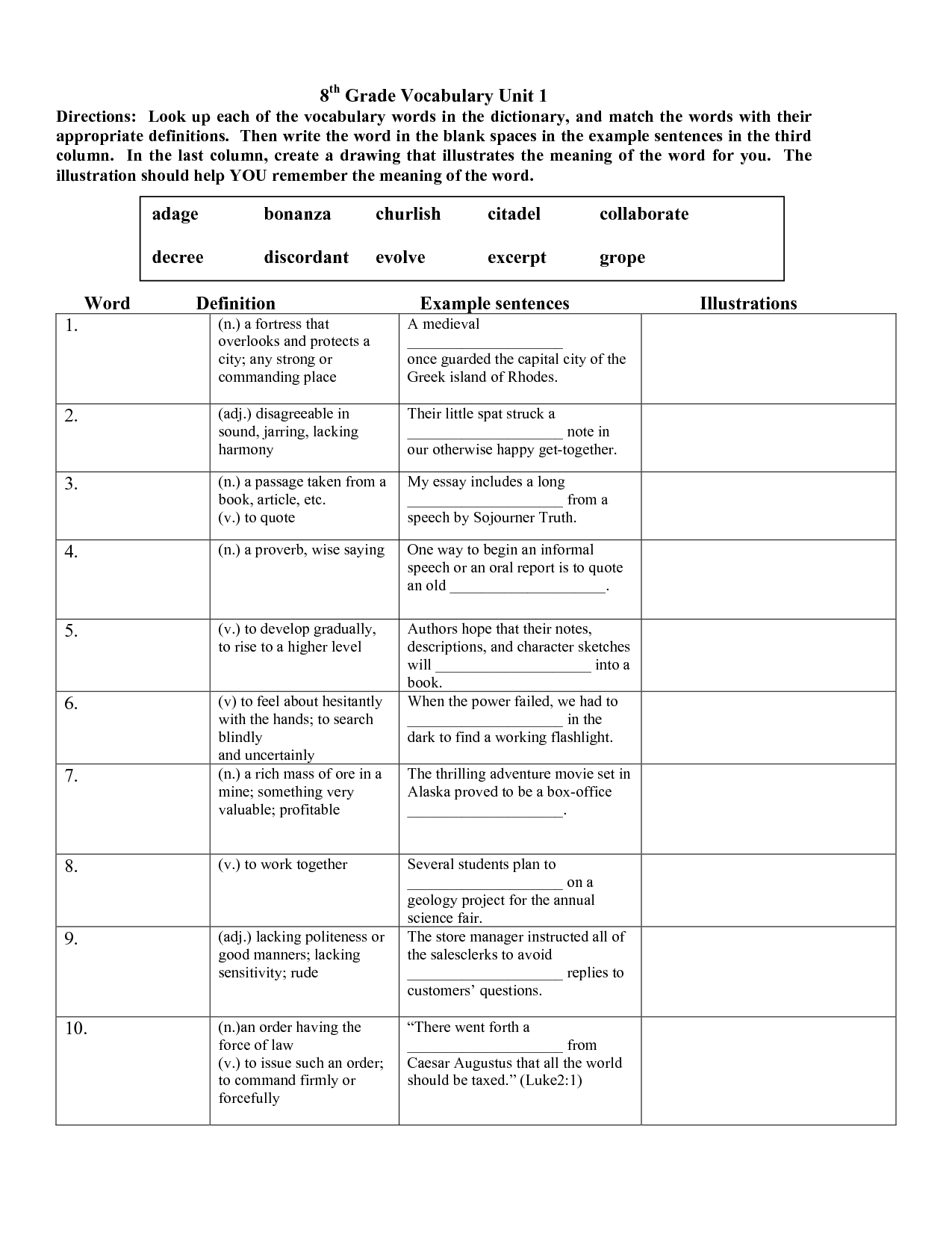 8th Grade Vocabulary Words And Definitions Worksheets