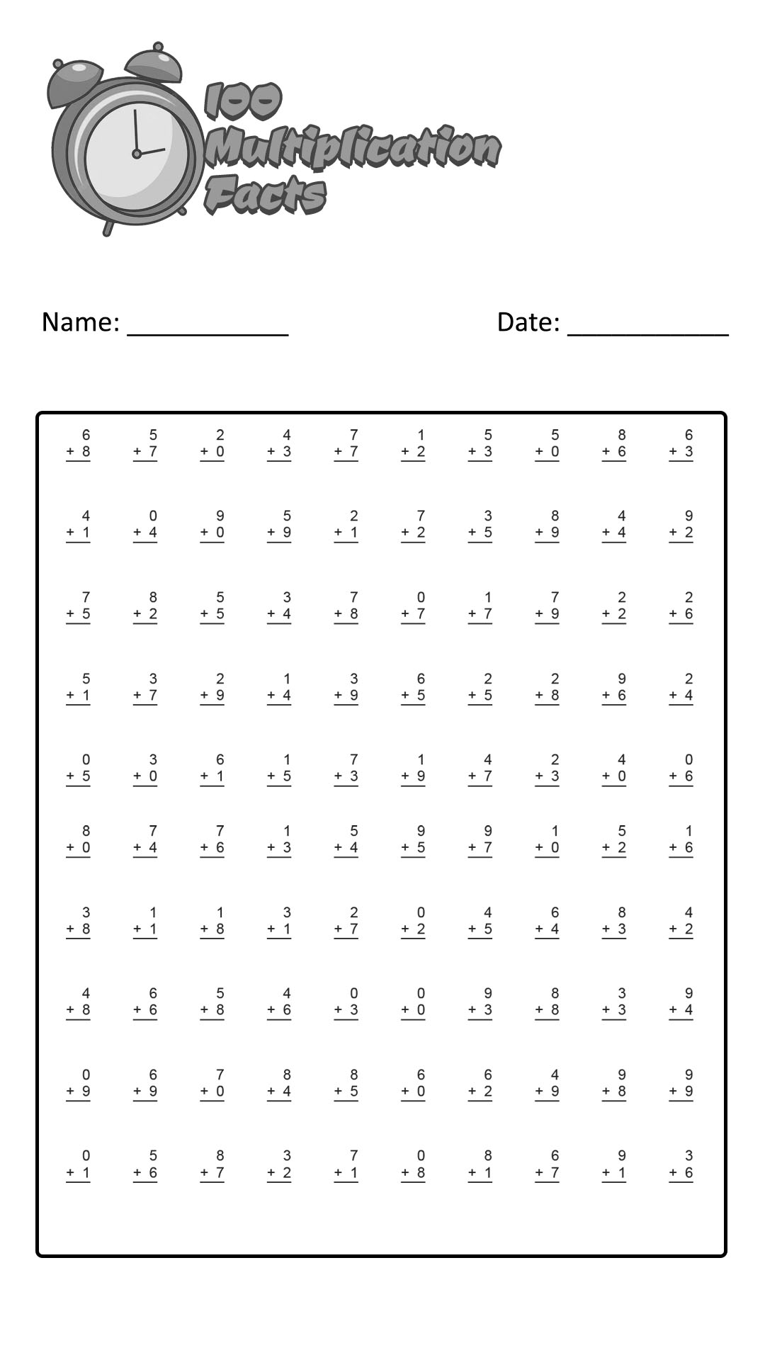 Multiplication Math Facts Test Printable