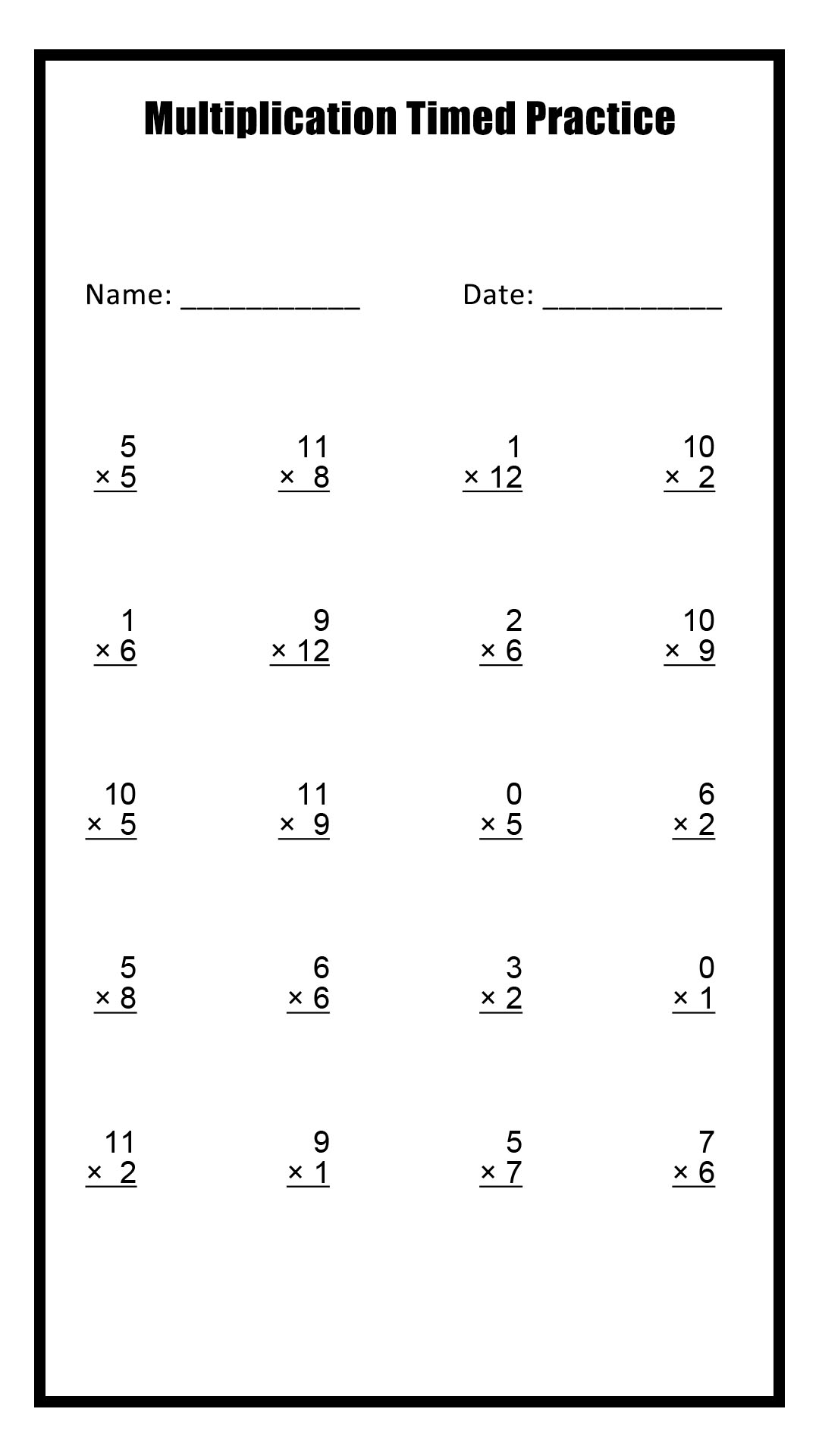 Subtraction Timed Test Printable 0 12 Printable Word Searches