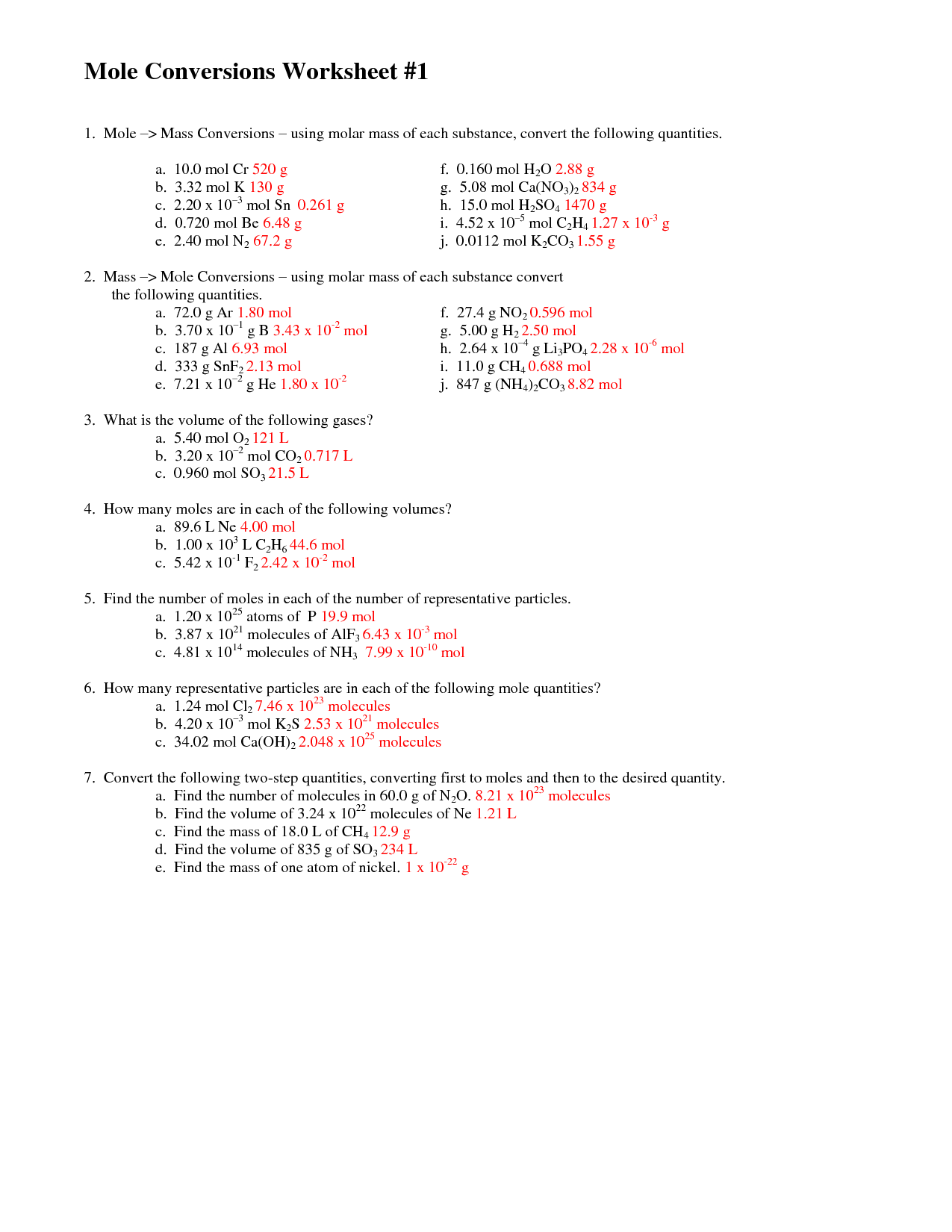 The Mole And Avogadro s Number Worksheet Answers