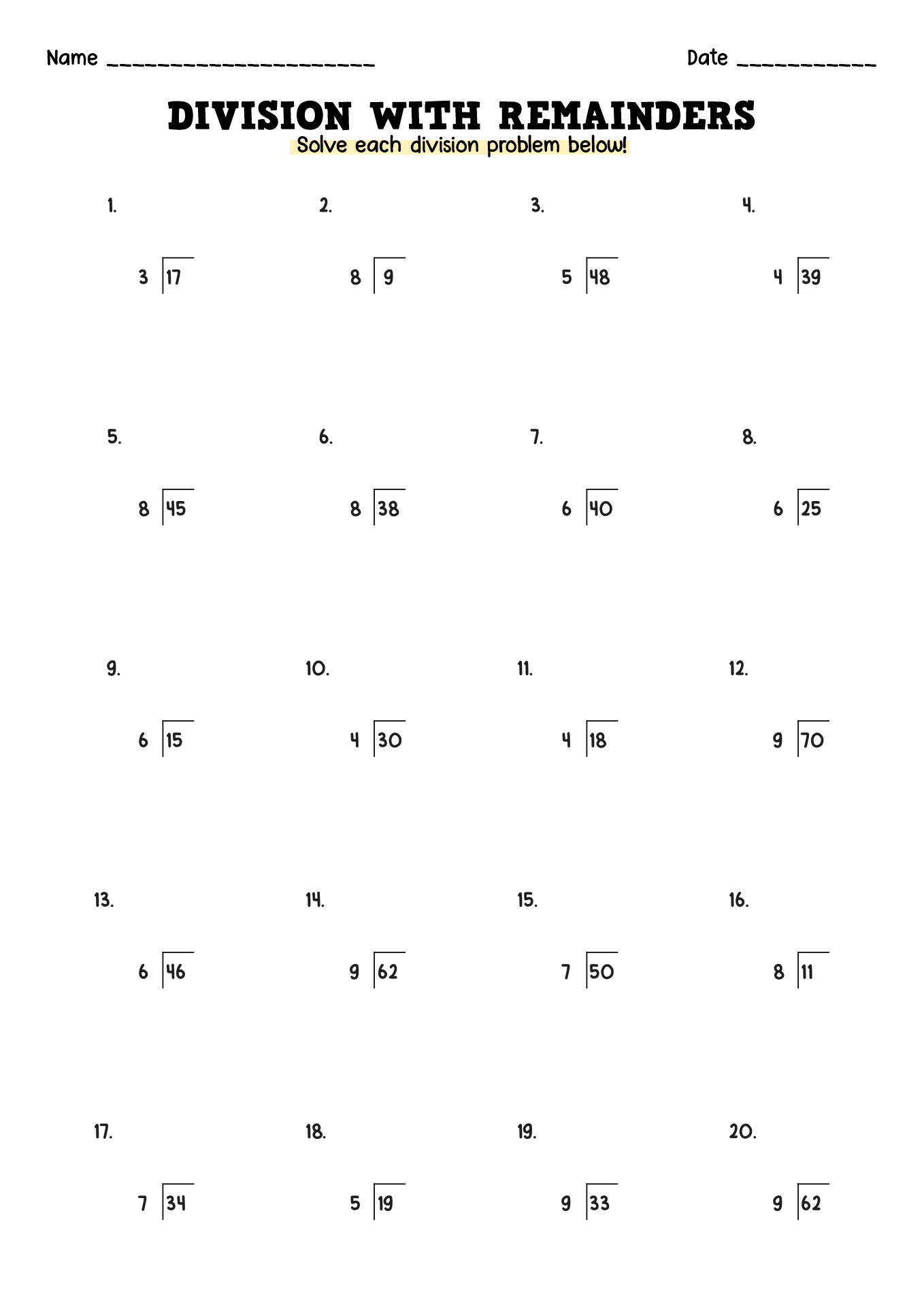 Division With Remainders Worksheets