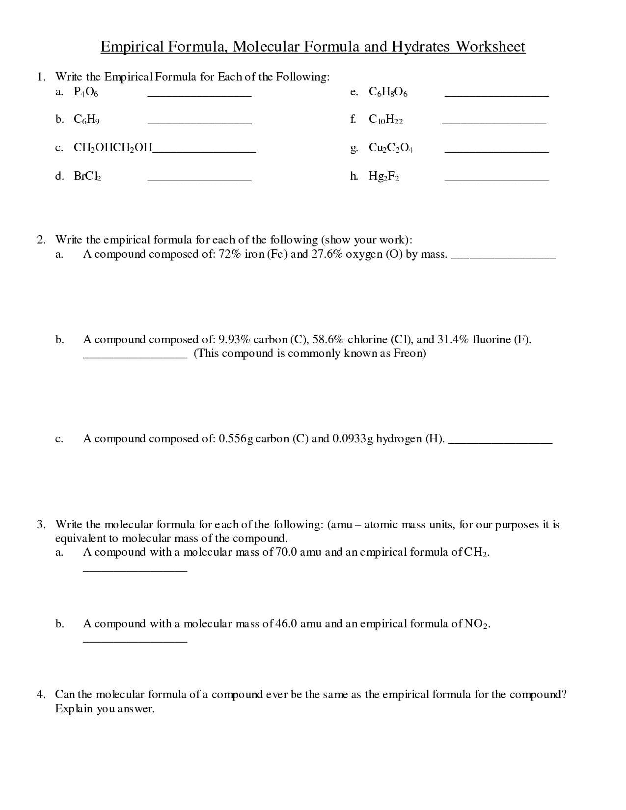 Molecular Formula Worksheet With Answers