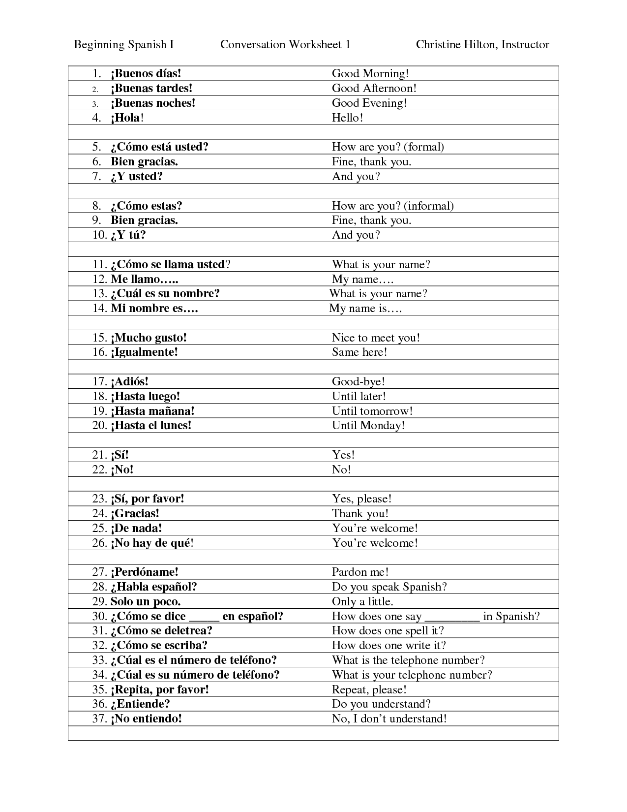 Free Printable Spanish English Worksheets For Beginners