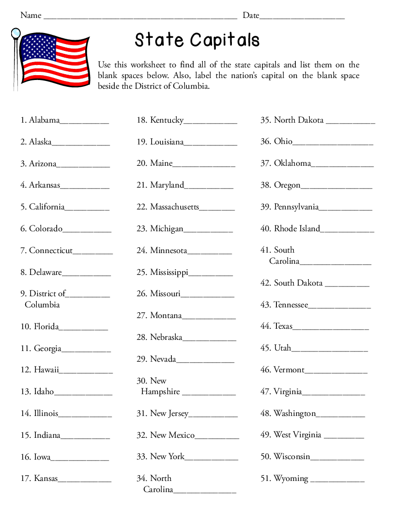 50 States And Capitals Printable Worksheet 544274 