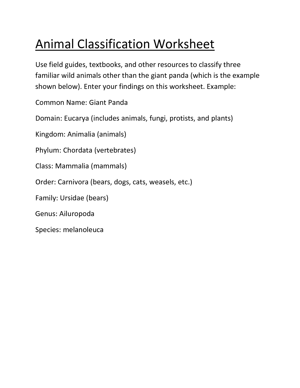 Animal Kingdom Classification Worksheet