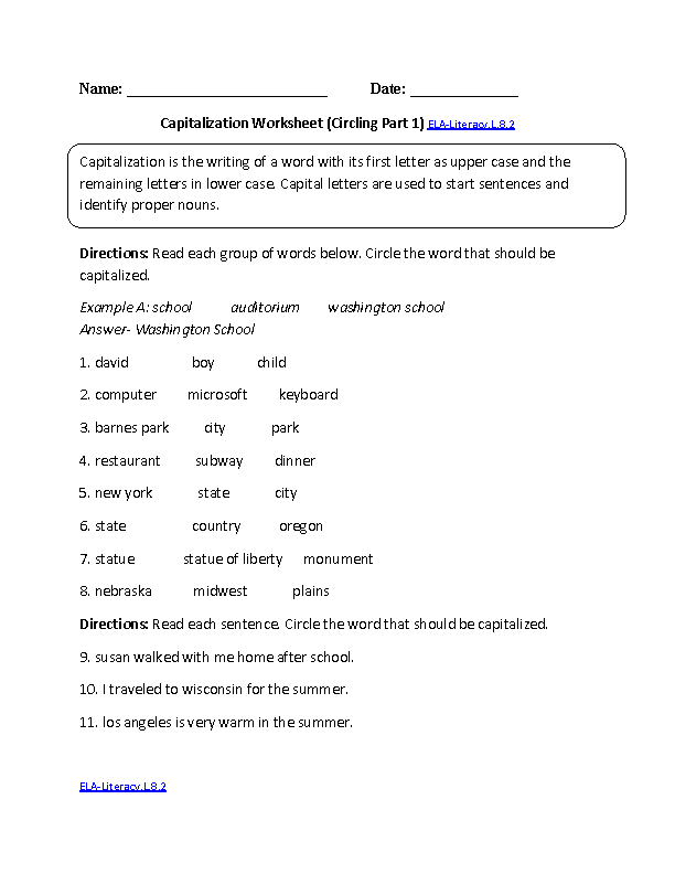 Capitalization Worksheets 7th Grade