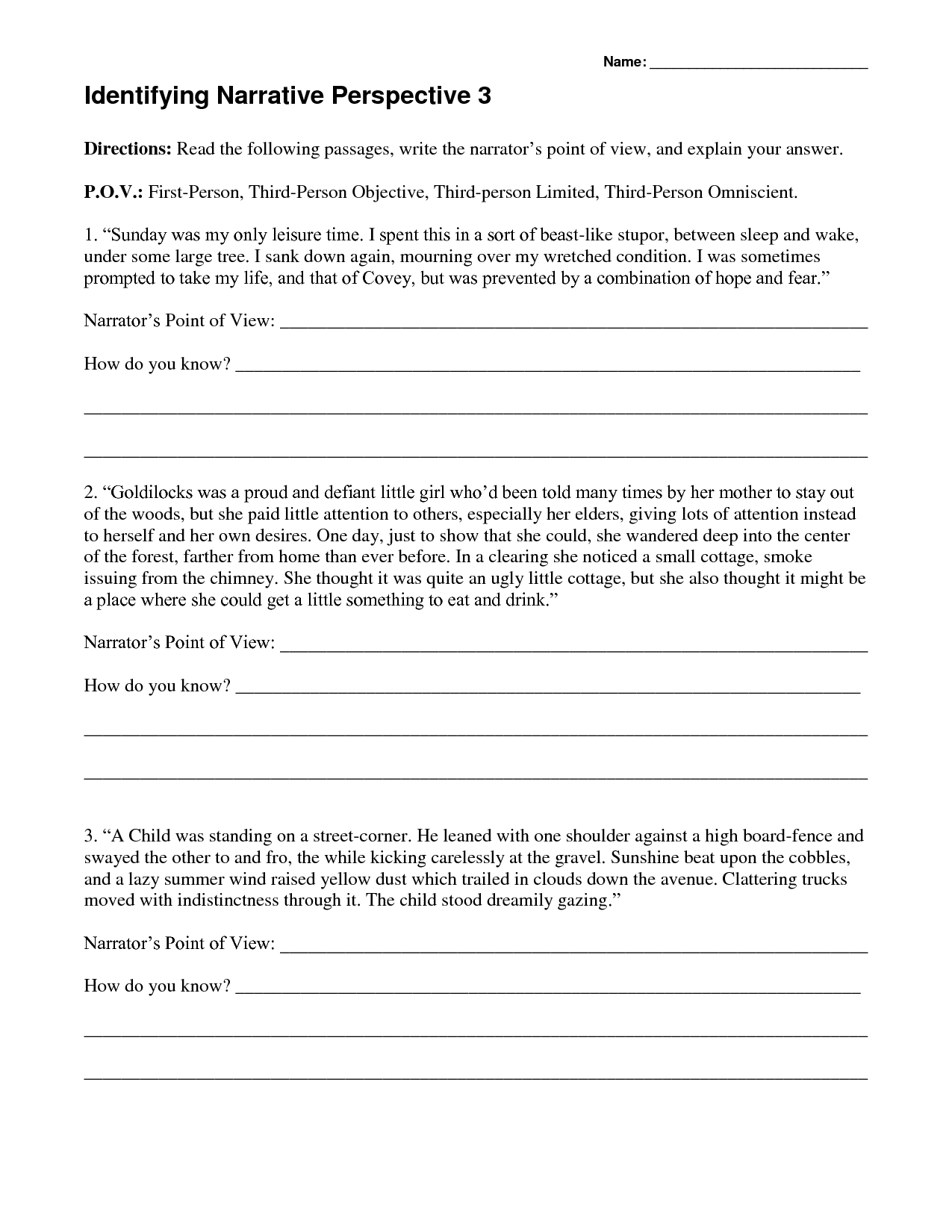 Identifying Narrative Perspective Worksheet