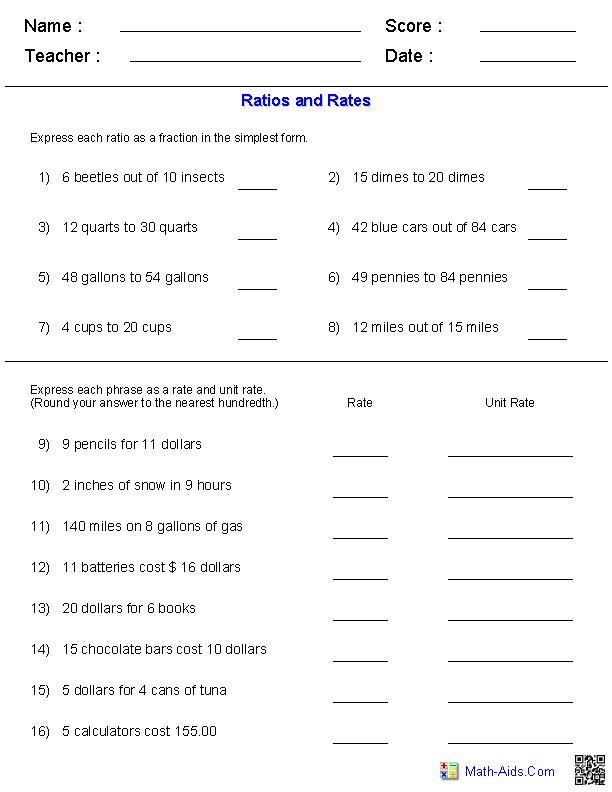 Rates and Ratios Worksheets 6th Grade Answers