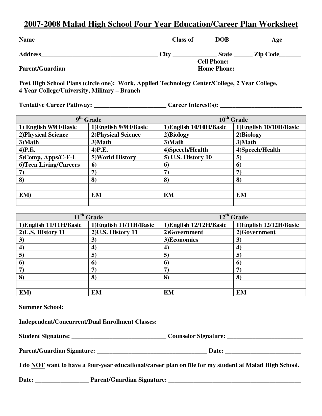 High School Four-Year Plan Worksheet