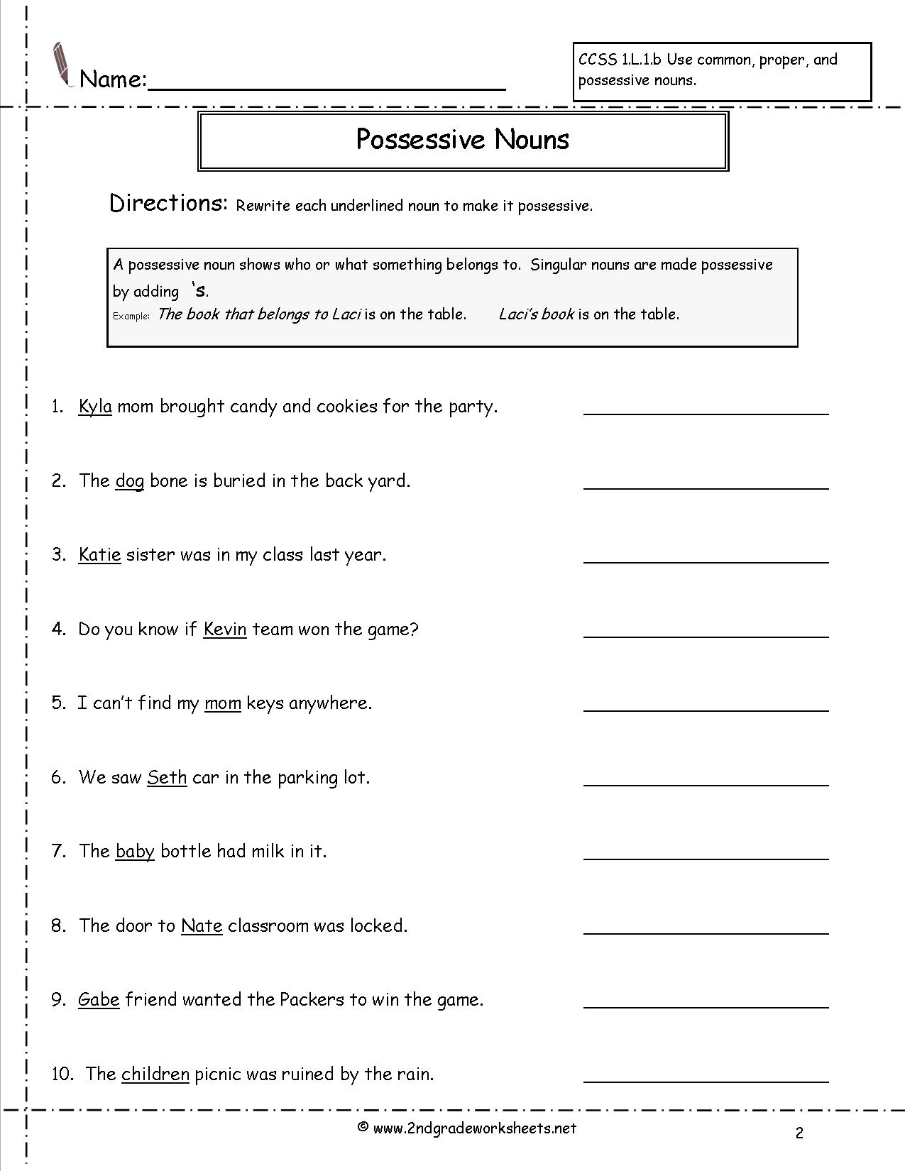 Possessive Nouns Worksheets 2nd Grade