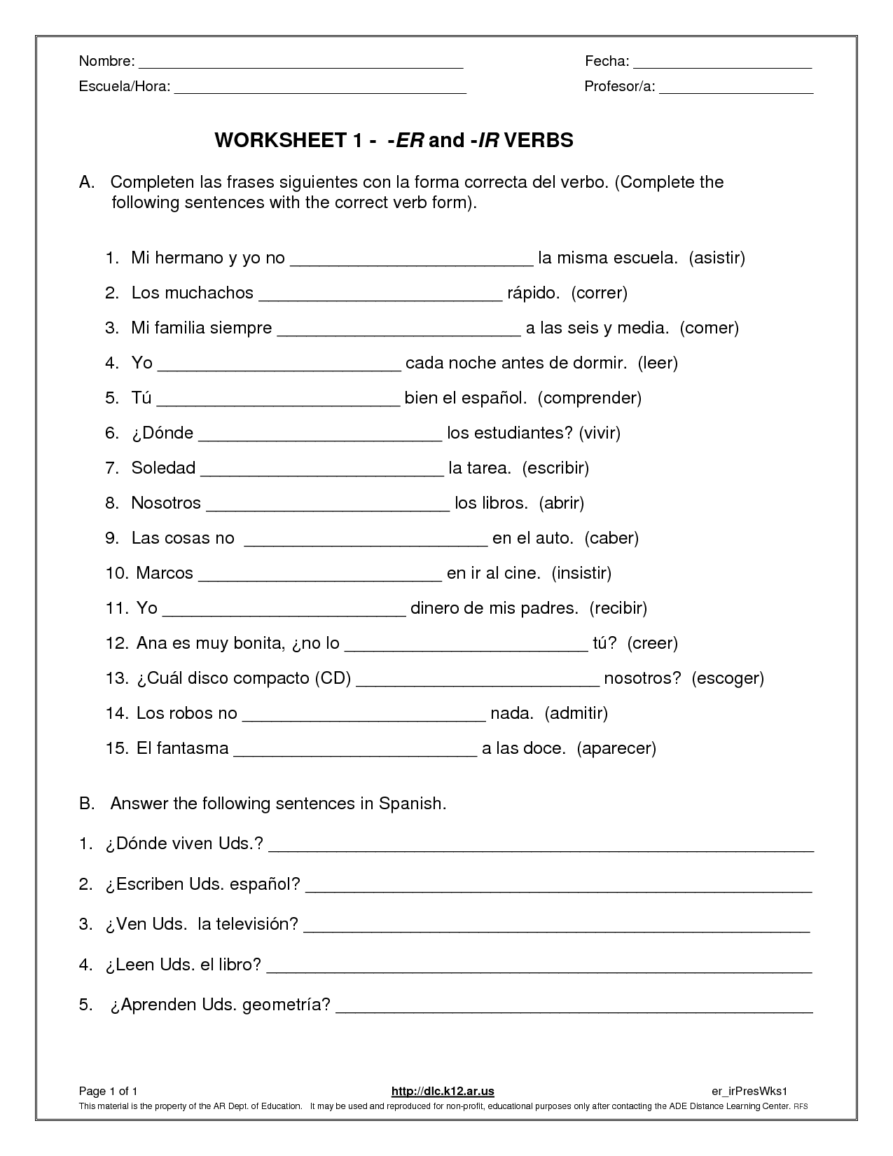 Spanish ER Ir Verb Worksheet