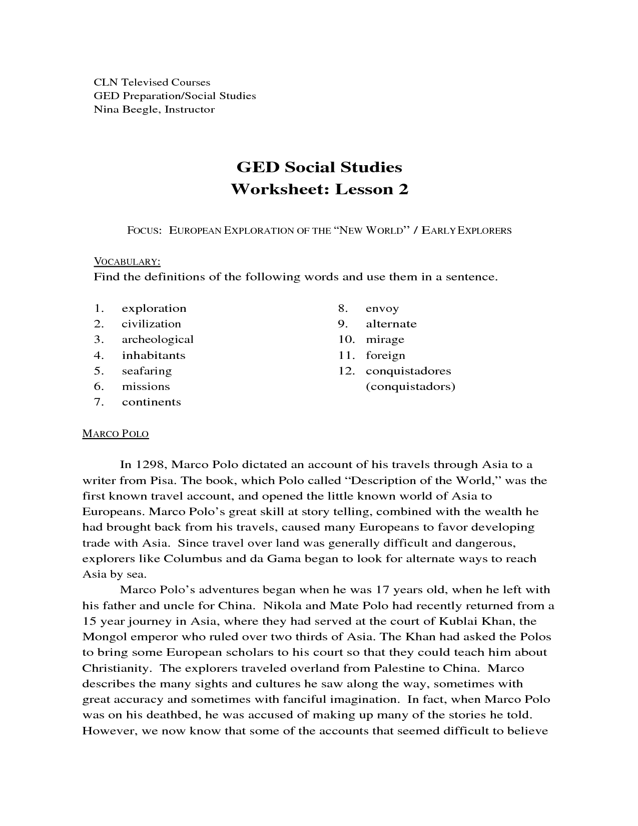 GED Social Studies Printable Worksheets