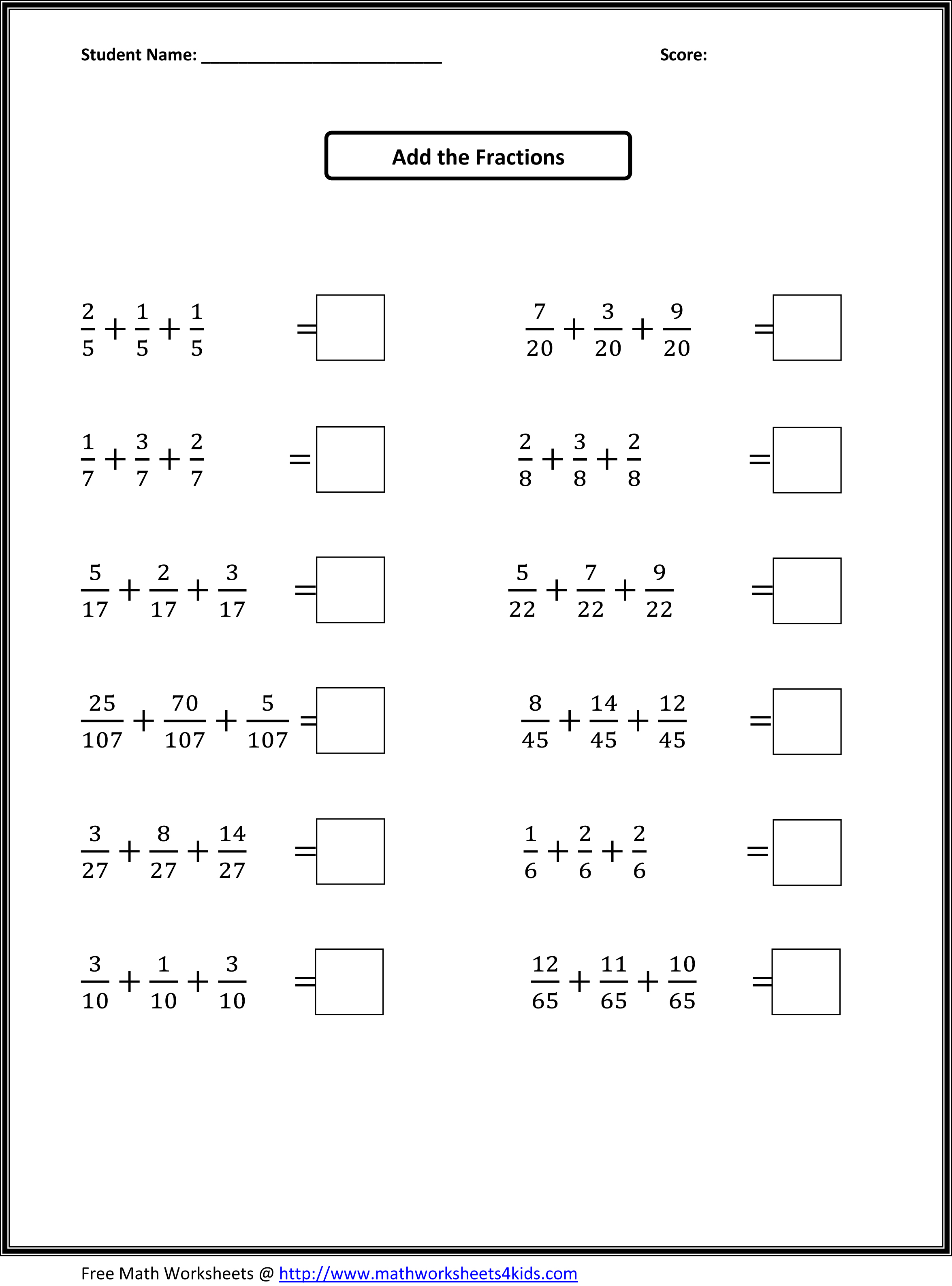 4th Grade Math Worksheets Fractions