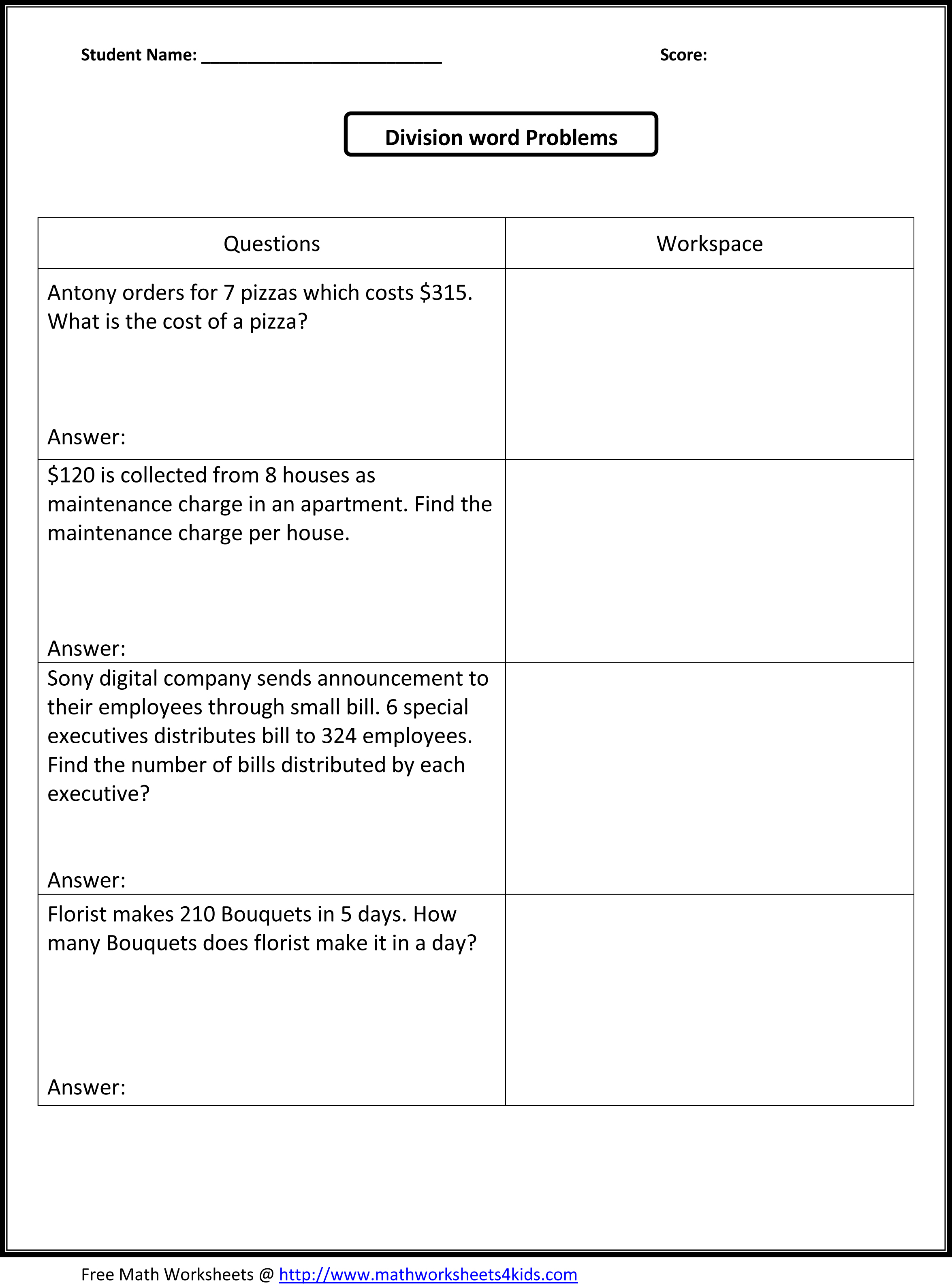 5th Grade Math Word Problems Worksheets