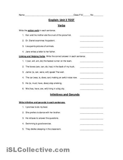 Action and Linking Verbs Worksheets