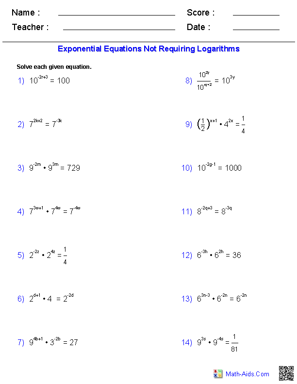 Exponential and Logarithmic Equations Worksheet