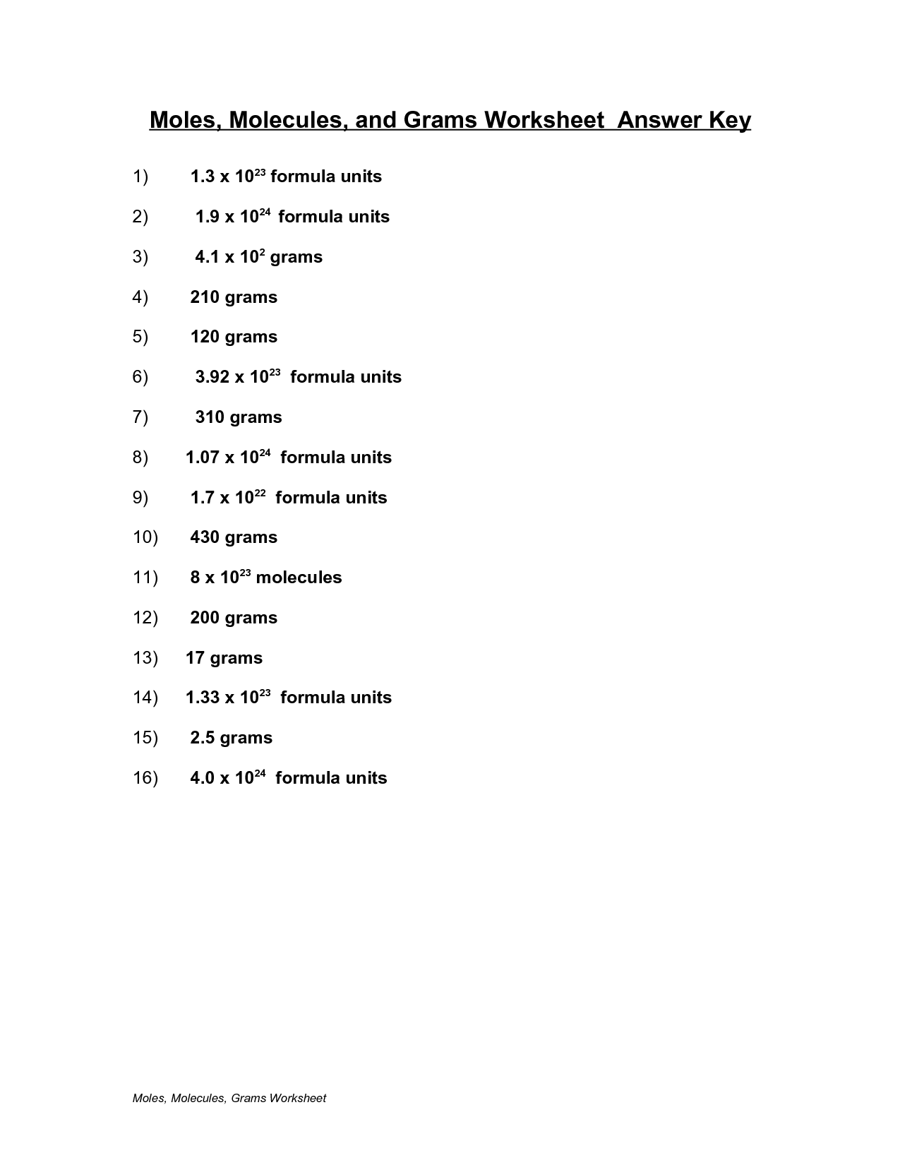 Mole Molecules and Grams Worksheet Answer Key