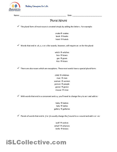 Plural Nouns Worksheets High School