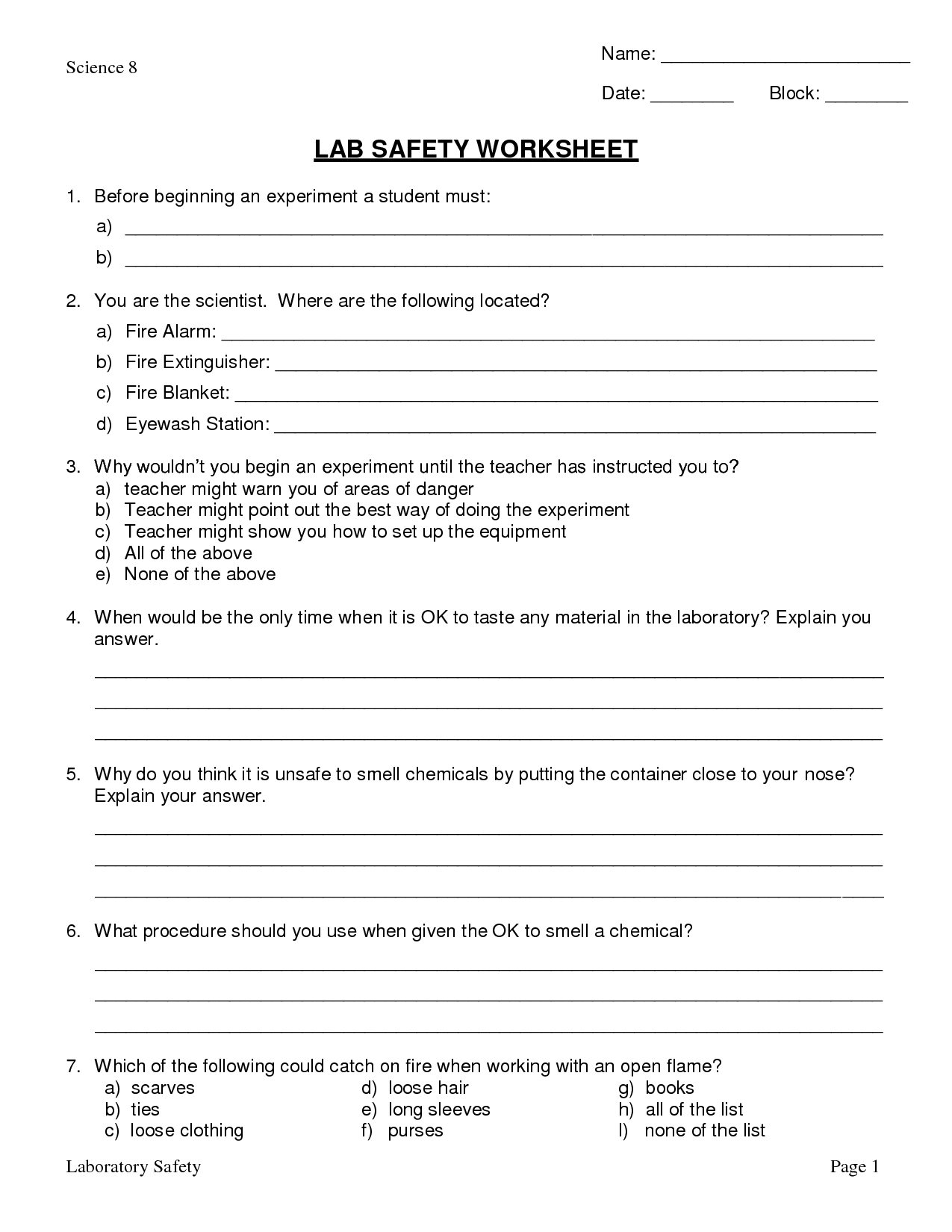 Science Lab Safety Worksheets